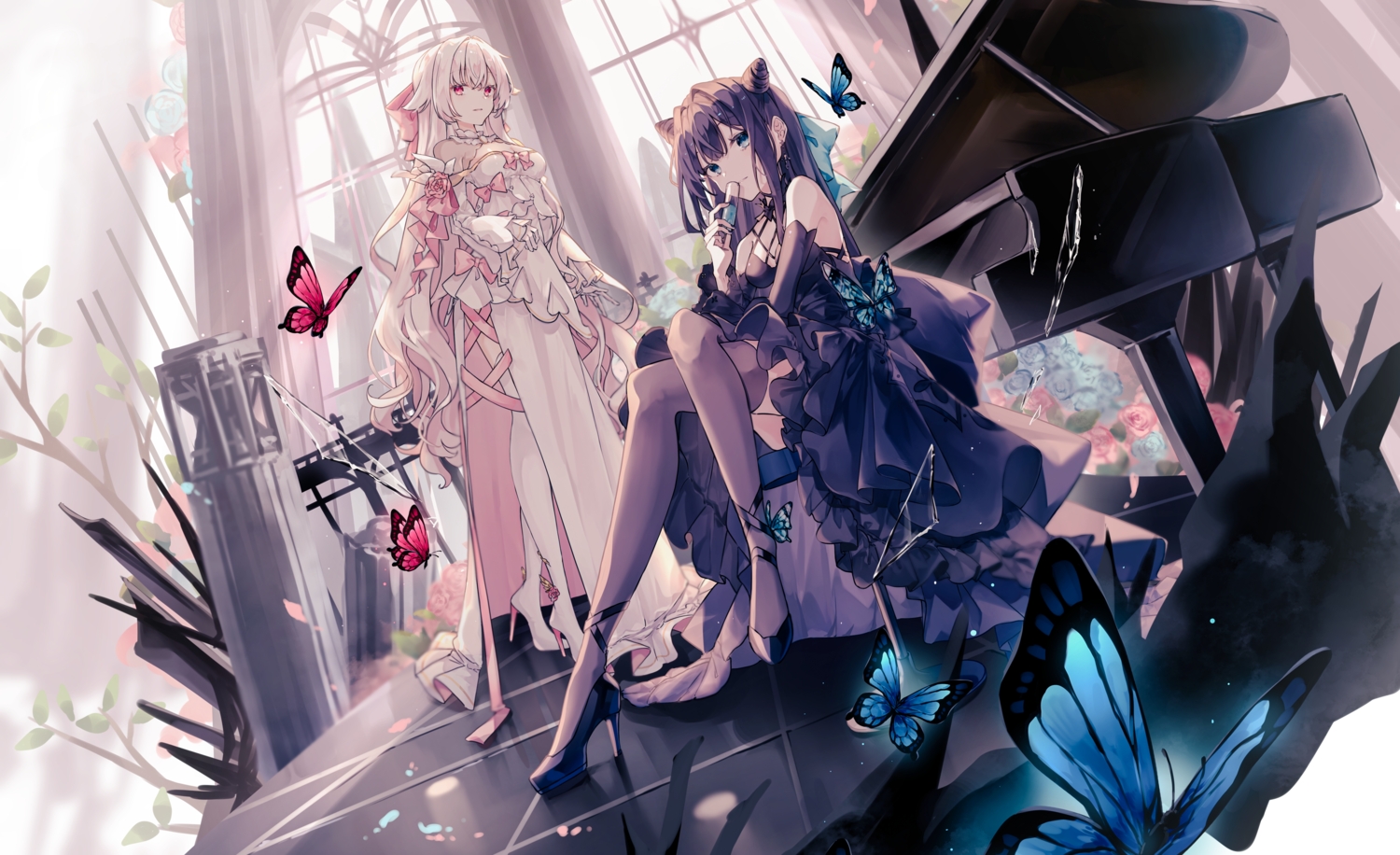 2girls, aqua_eyes, arcaea, black_hair, bow, breasts, butterfly, choker