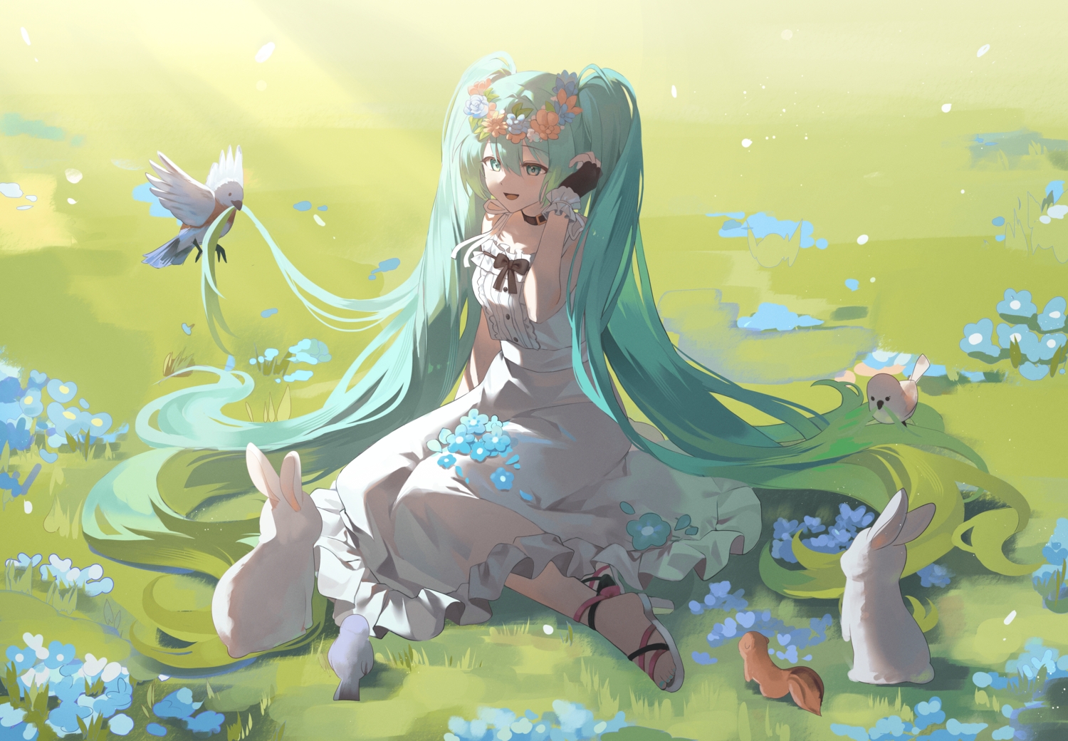 animal, aqua_eyes, aqua_hair, bird, collar, dress, flowers, gloves, grass, hatsune_miku, headdress, long_hair, mingo0011, rabbit, summer_dress, twintails, vocaloid