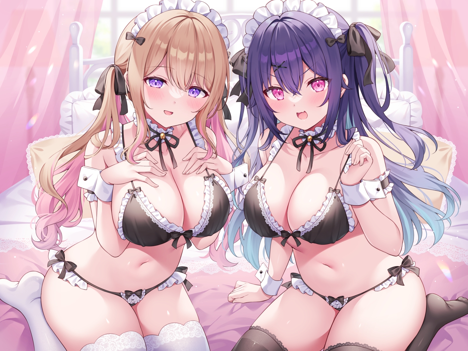 2girls, bed, blush, bow, bra, breasts, brown_hair, cleavage, fang, headdress, long_hair, maid, navel, original, panties, pink_eyes, purple_eyes, purple_hair, ribbons, shiono_(0303), thighhighs, twintails, underwear, wristwear