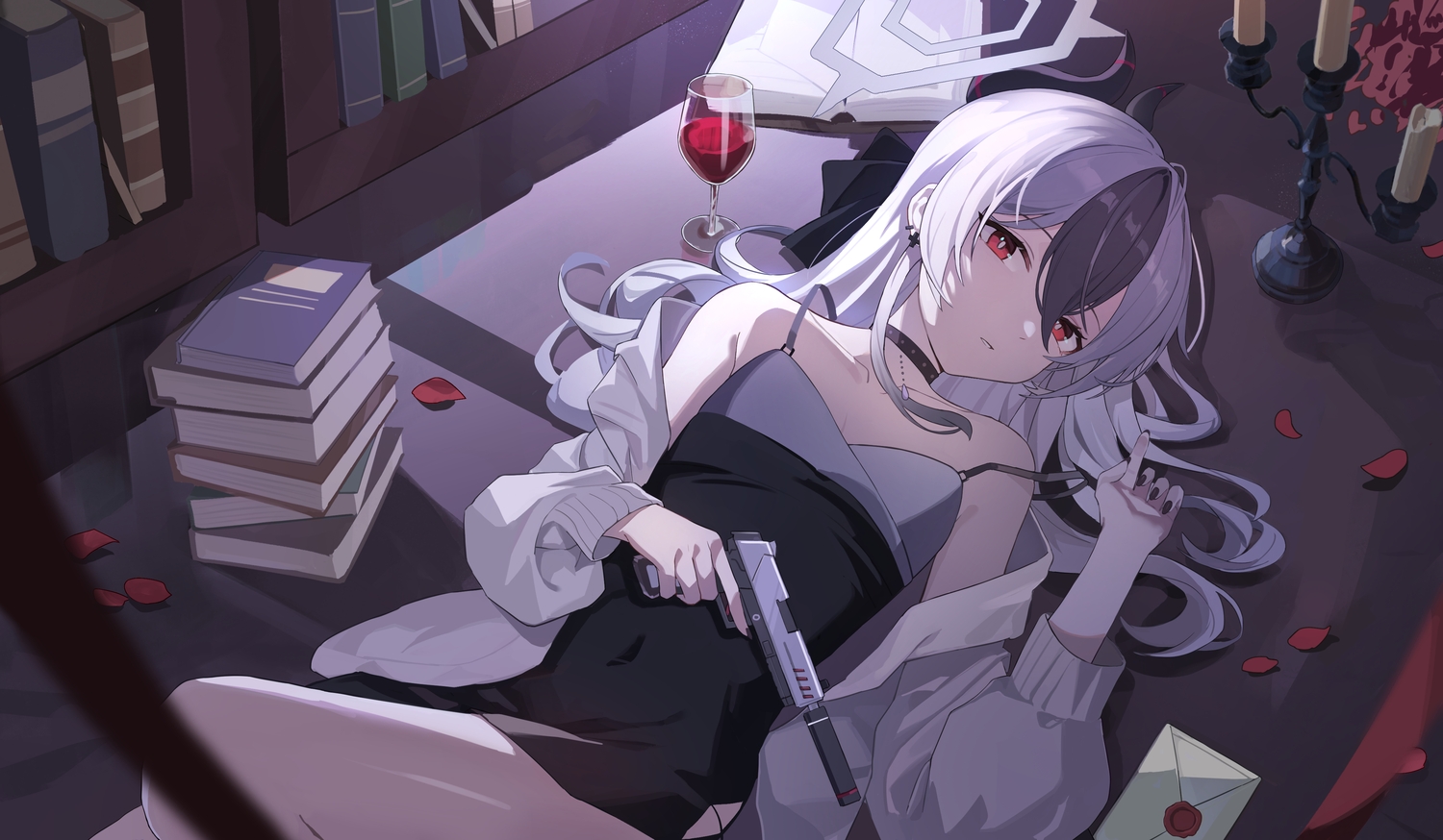 blue_archive, book, chenmu_sora, choker, dress, drink, flat_chest, gray_hair, gun, halo, horns, long_hair, onikata_kayoko, paper, petals, red_eyes, weapon