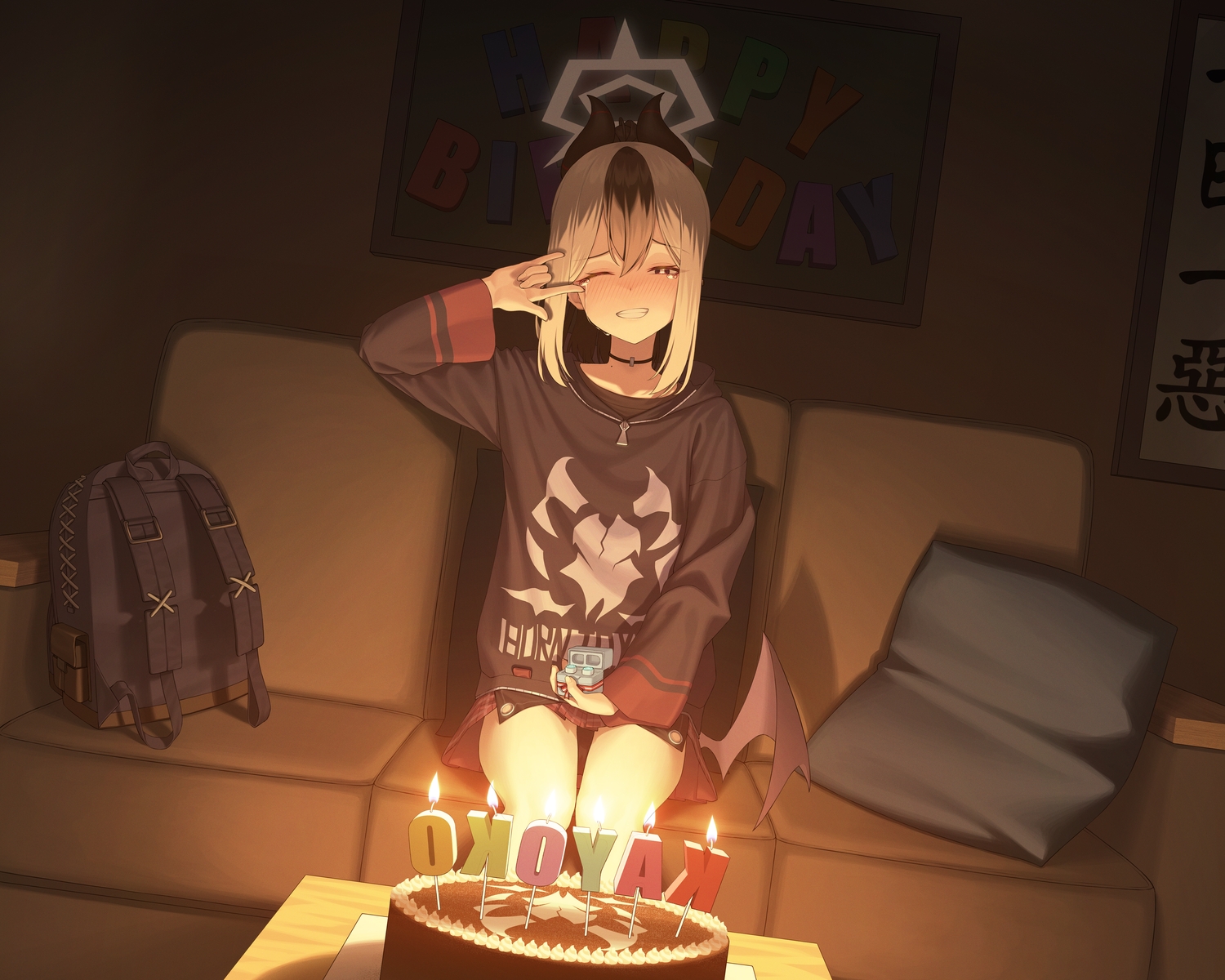 bintz, blue_archive, blush, cake, choker, couch, crying, dark