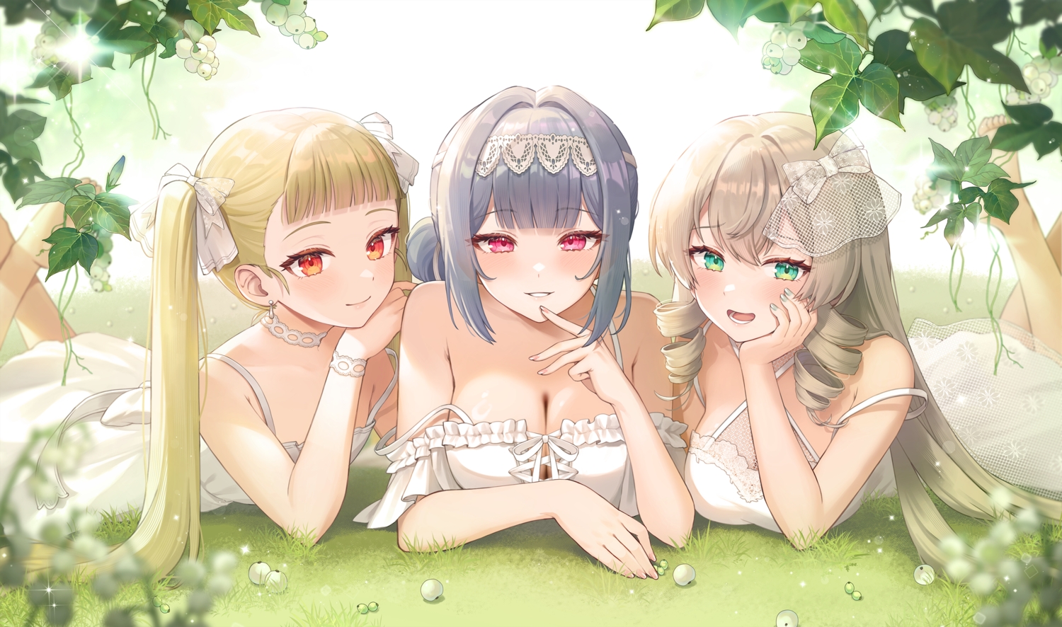 achates_ururuda, barefoot, blue_hair, blush, bow, breasts, choker, cleavage, dress, epic7, flat_chest, grass, gray_hair, green_eyes, headdress, leaves, long_hair, noixen, pink_eyes, ponytail, ribbons, short_hair, summer_dress, tagme_(character), twintails, wristwear