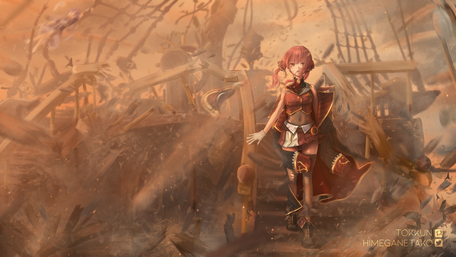 2girls, bicolored_eyes, blood, boat, clouds, gloves, hololive, houshou_marine, long_hair, minato_aqua, parody, pirate, pirates_of_the_caribbean, red_hair, ruins, sky, tears, thighhighs, tokkun, torn_clothes, twintails, watermark