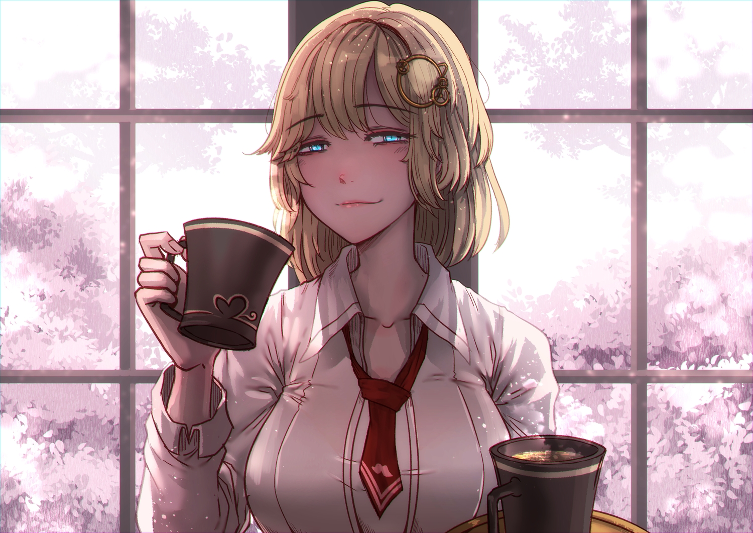 amelia_watson, blonde_hair, blue_eyes, breasts, close, drink, hololive, leaves, mistimagi, shirt, short_hair, tie, tree