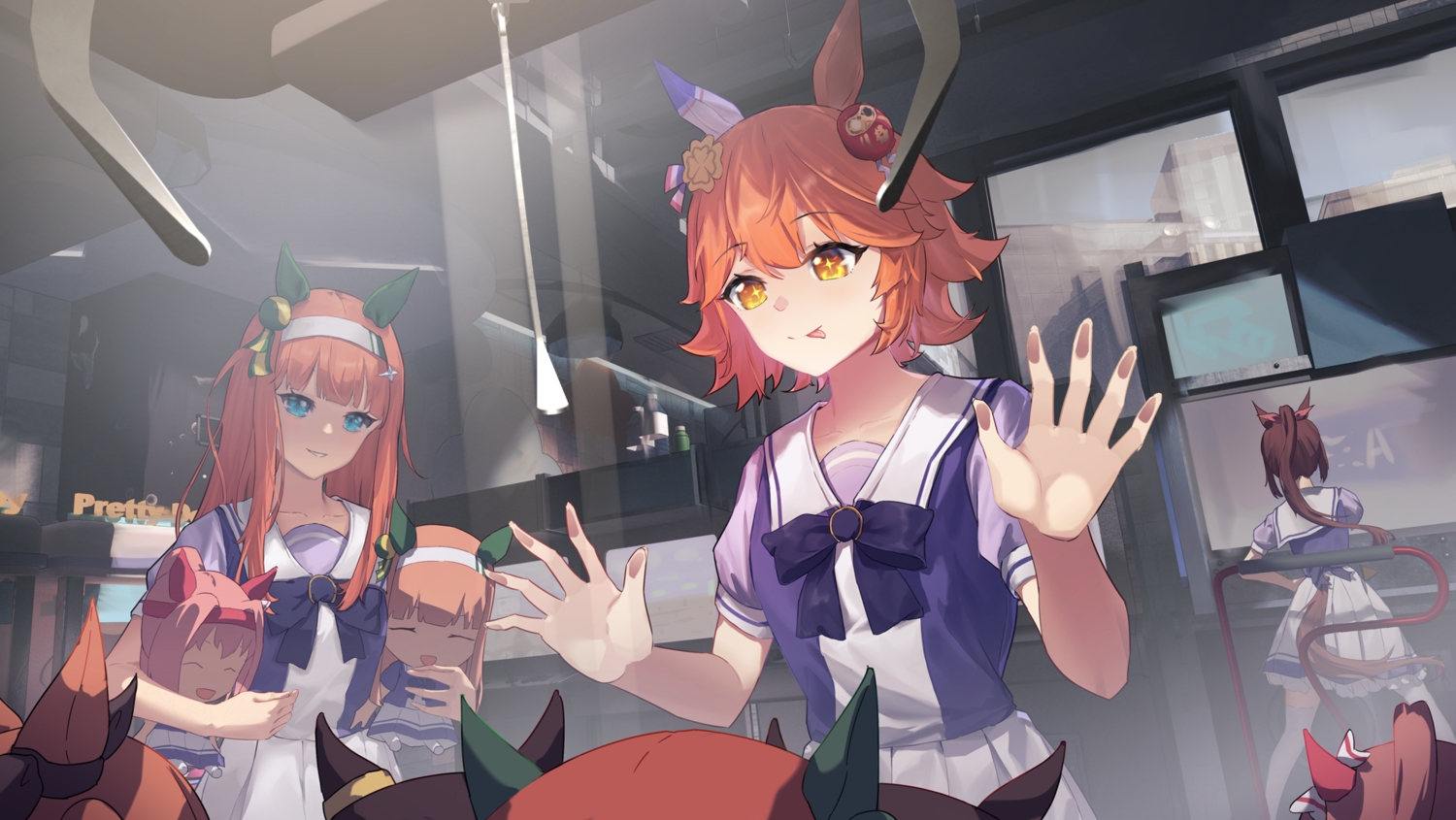 animal_ears, anthropomorphism, blue_eyes, brown_hair, building, city, doll, haru_urara_(umamusume)