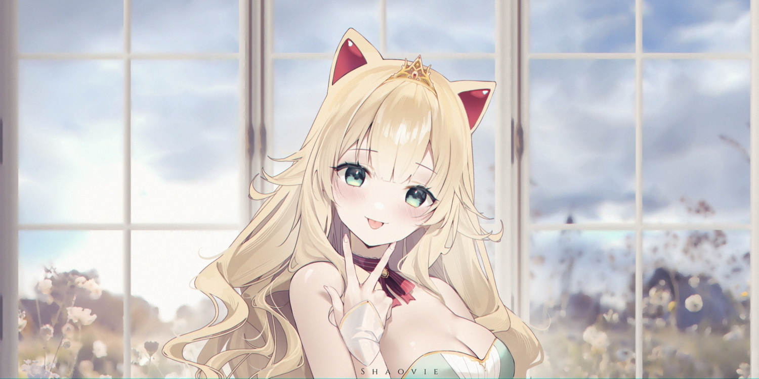 animal_ears, blonde_hair, blush, bow, breasts, catgirl, choker, cleavage