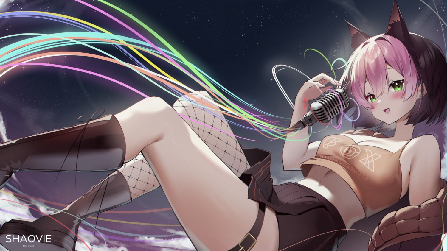 animal_ears, blush, boots, breasts, cat_smile, cleavage, clouds, garter