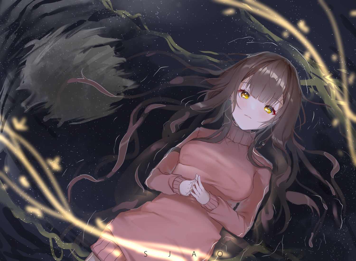 blush, brown_hair, clouds, dress, long_hair, moon, night, original