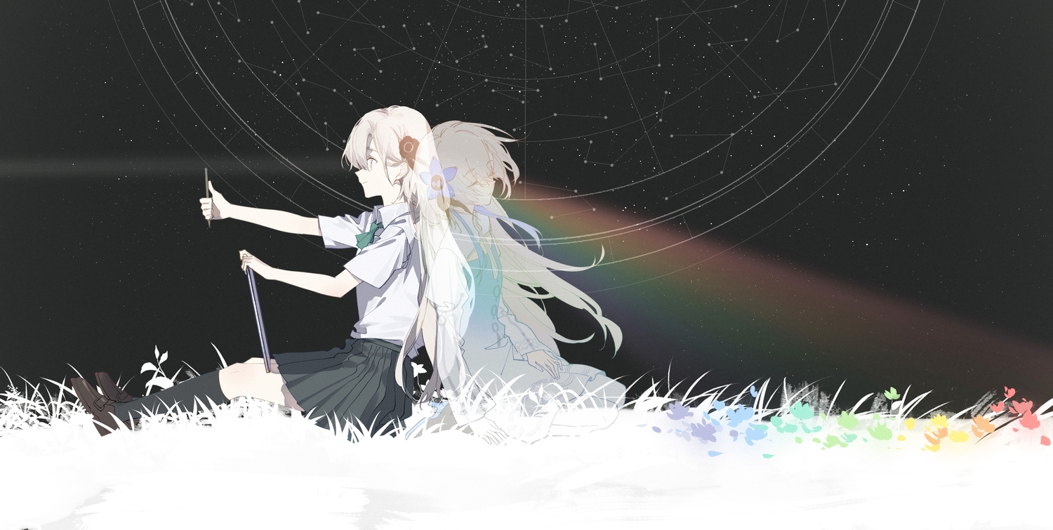 2girls, dress, flowers, grass, gray_eyes, gray_hair, isekaijoucho, kamitsubaki_studio