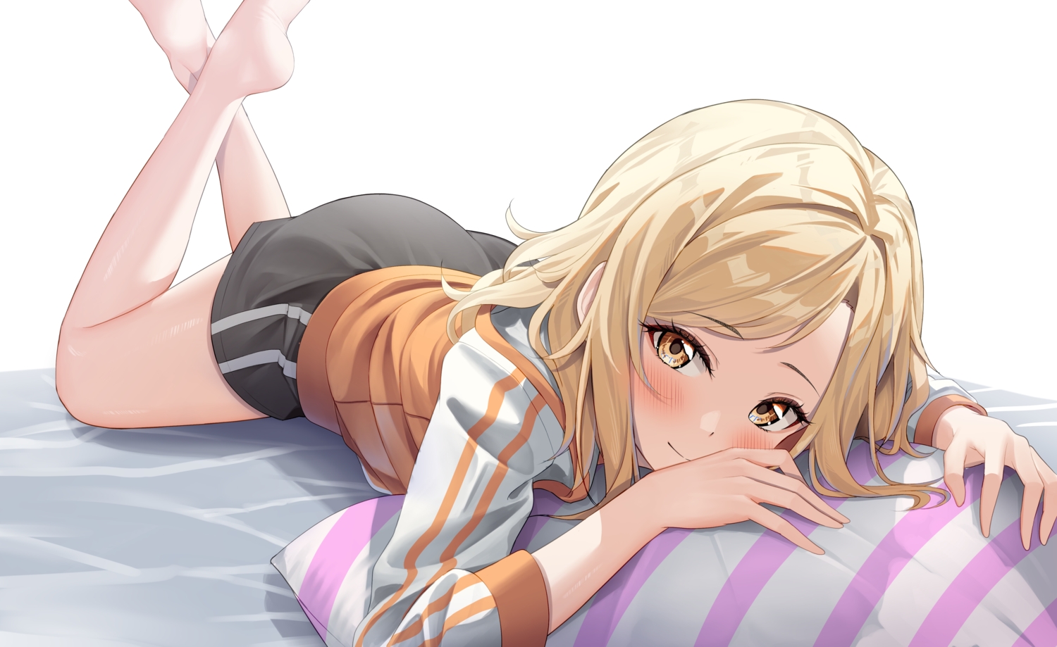 barefoot, blonde_hair, blush, love_live!_nijigasaki_high_school_idol_club, love_live!_school_idol_project, miyashita_ai, oku_1225, shirt, short_hair, shorts, white, yellow_eyes