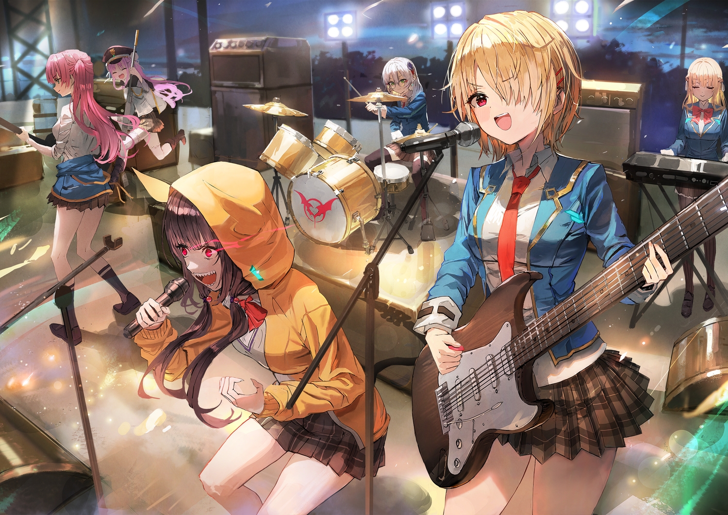 aikawa_megumi, asakura_karen_(heaven_burns_red), blonde_hair, blush, boots, bow, braids, brown_hair