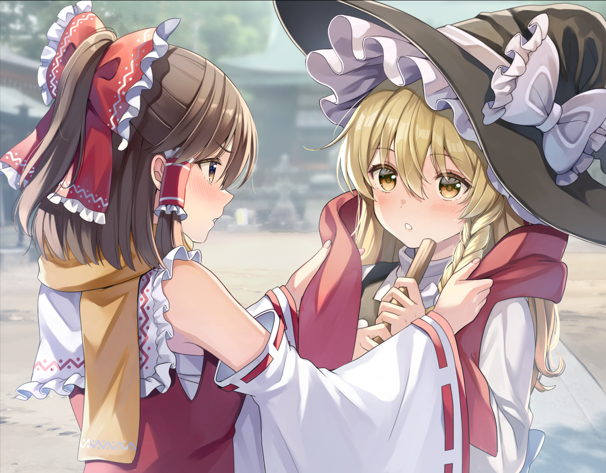 2girls, blonde_hair, blush, bow, braids, brown_eyes, brown_hair, dress