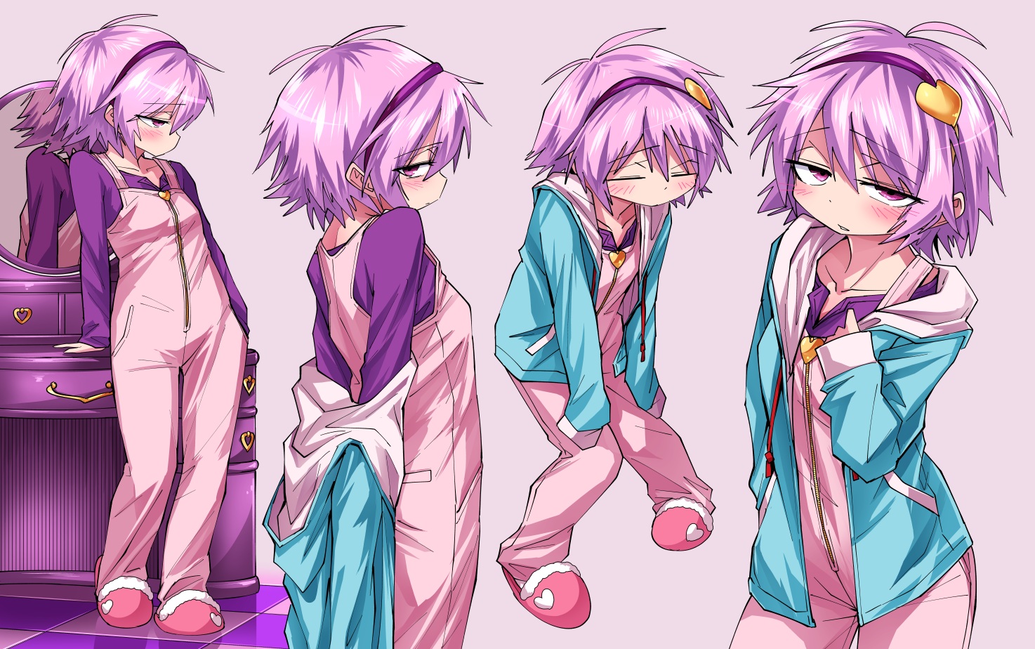 aliasing, flat_chest, headband, hood, komeiji_satori, mirror, purple_eyes, purple_hair, reflection, shimizu_pem, shirt, short_hair, touhou