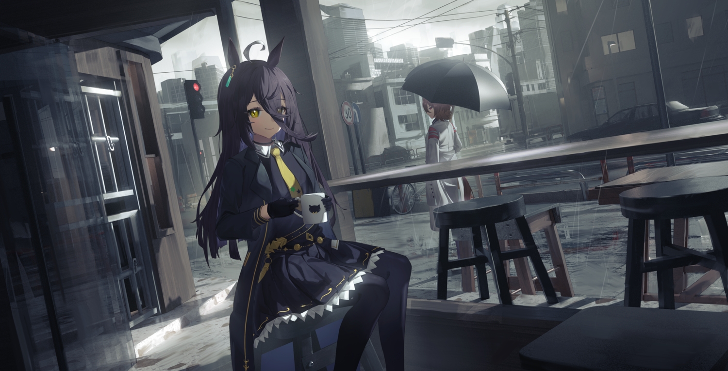 2girls, agnes_tachyon_(umamusume), animal_ears, anthropomorphism, black_hair, brown_hair, building, car