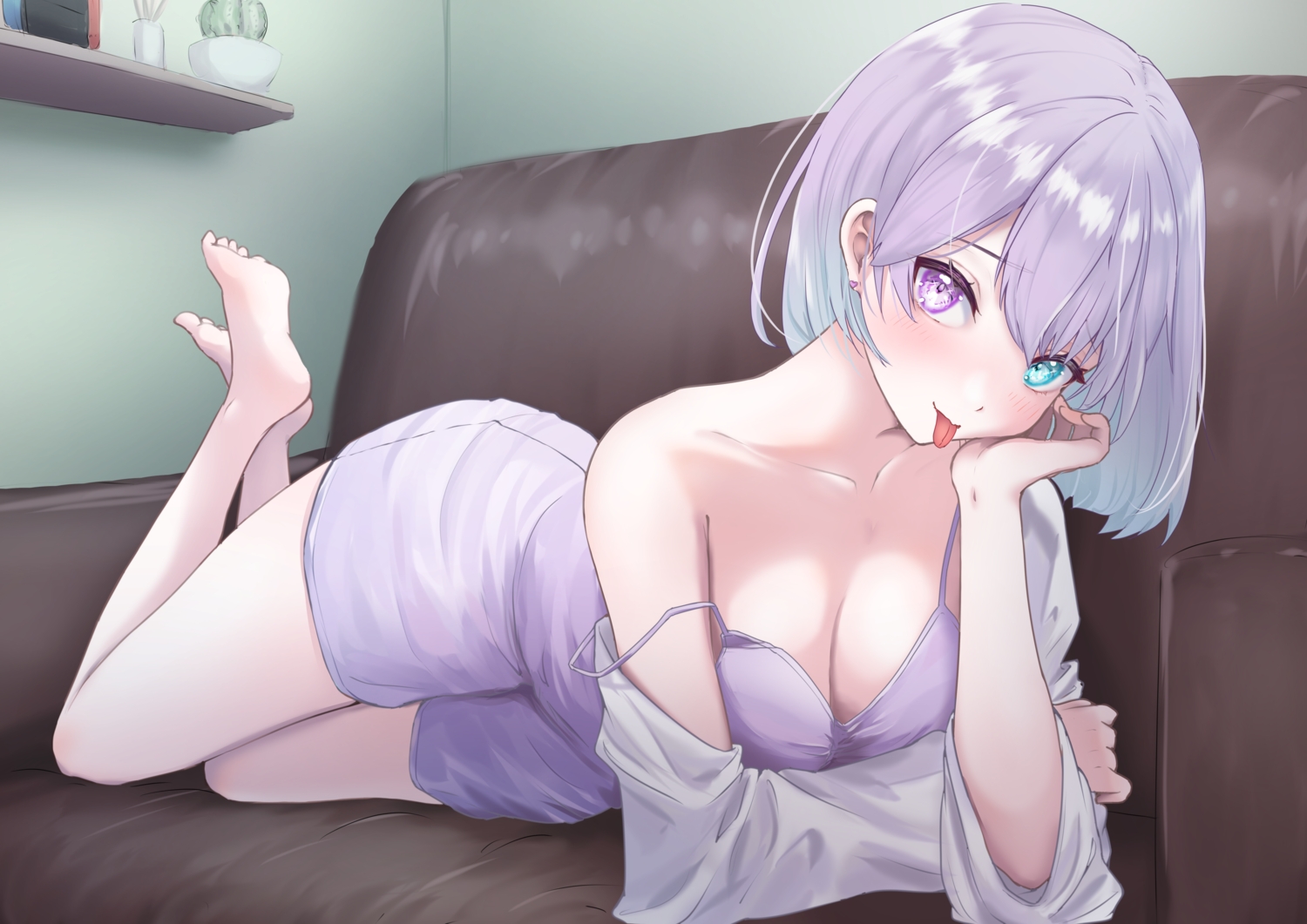 amane_hina, barefoot, bicolored_eyes, blush, breasts, cleavage, couch, game_console, gray_hair, long_hair, short_hair, shorts, tatataecho