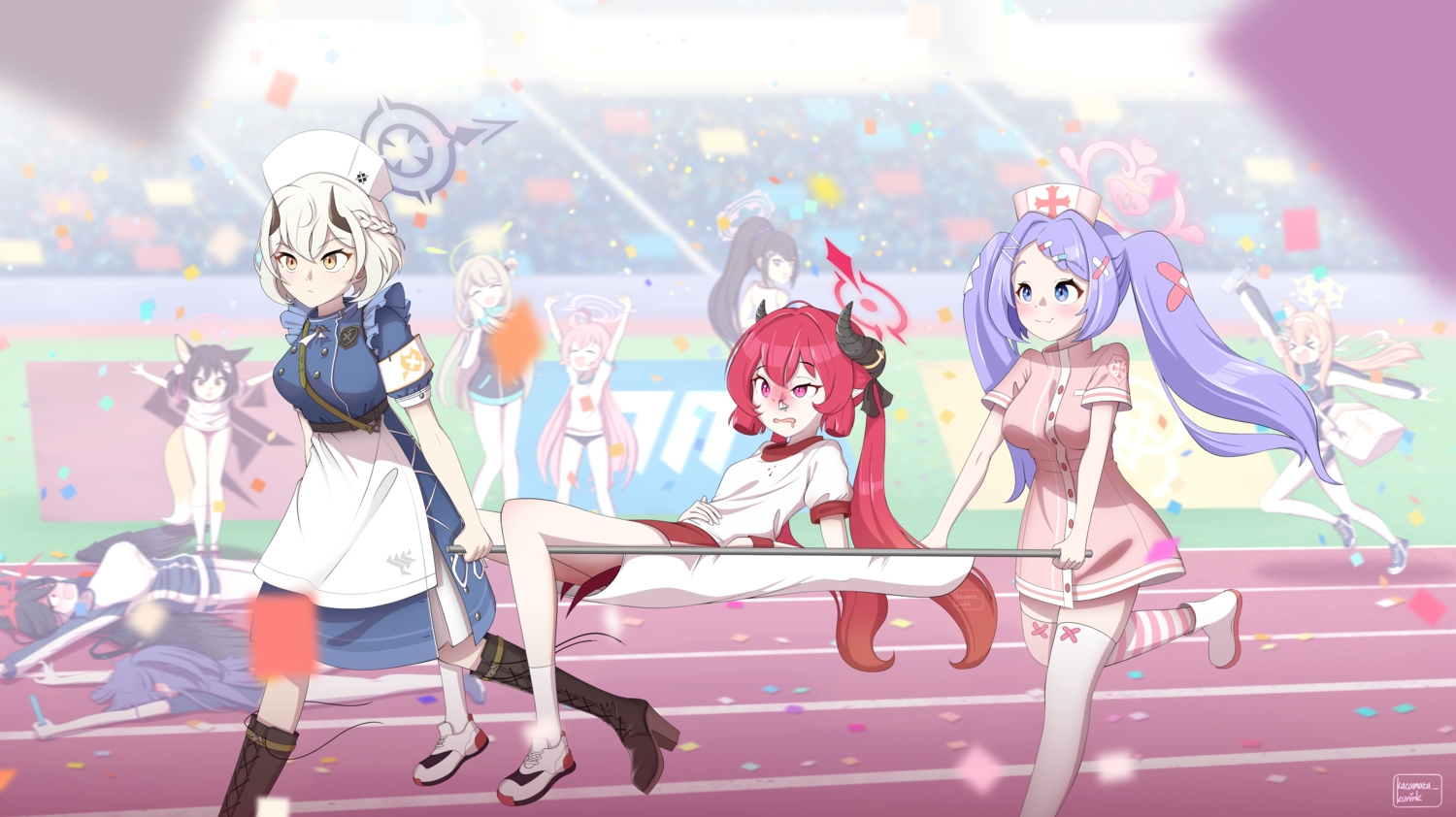 akashi_junko, animal_ears, asagao_hanae, black_hair, blonde_hair, blood, blue_archive, blue_eyes, blush, boots, braids, breasts, catgirl, demon, dress, flat_chest, foxgirl, group, gym_uniform, halo, hanekawa_hasumi, hat, hayase_yuuka, himuro_sena, horns, iochi_mari, izayoi_nonomi, kacamata_kunink, kuda_izuna, loli, long_hair, nurse, otohana_sumire, pink_eyes, pink_hair, ponytail, purple_hair, red_hair, shirt, short_hair, shorts, signed, socks, takanashi_hoshino, thighhighs, twintails, white_hair, wings, yellow_eyes, zettai_ryouiki