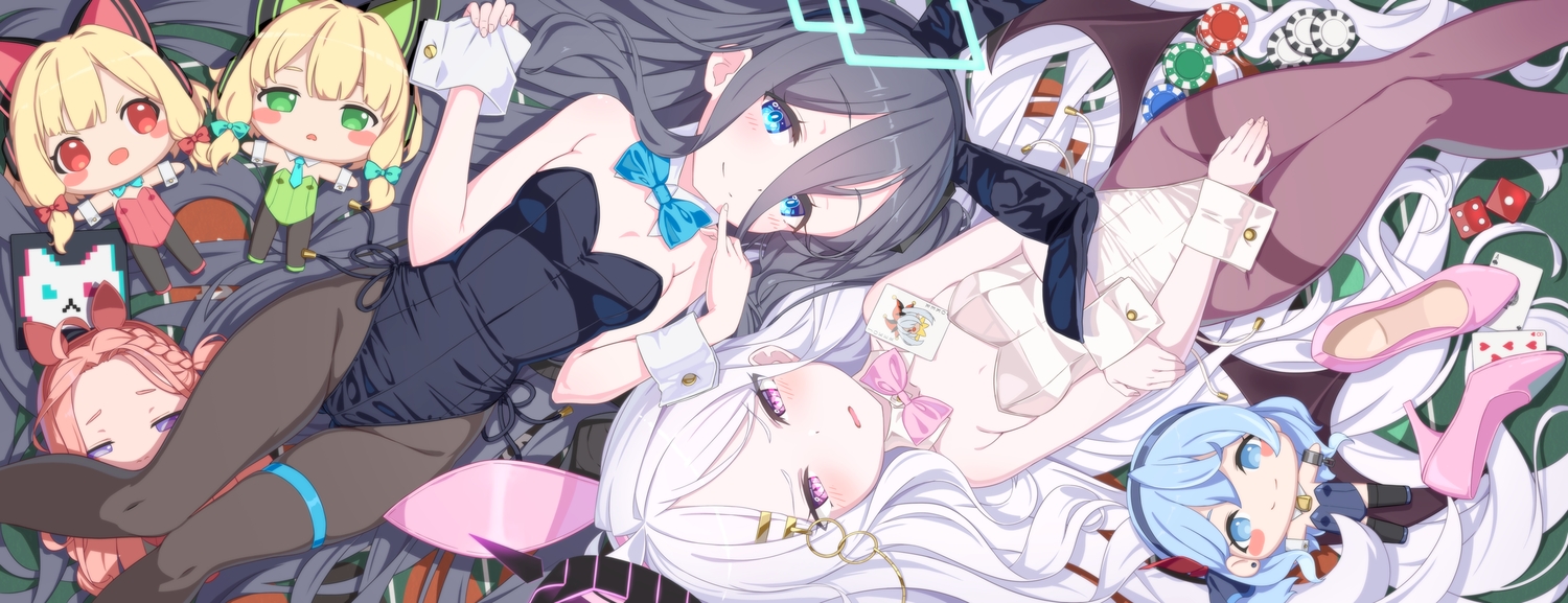 2girls, amau_ako, animal_ears, aqua_eyes, black_hair, blue_archive, blush, bow, bunny_ears, bunnygirl, chibi, doll, flat_chest, garter, halo, hanaoka_yuzu, horns, leotard, loli, long_hair, pantyhose, pink_eyes, ribbons, saiba_midori, saiba_momoi, sando_(dukedevil), sorasaki_hina, tendou_arisu_(blue_archive), white_hair, wings, wristwear