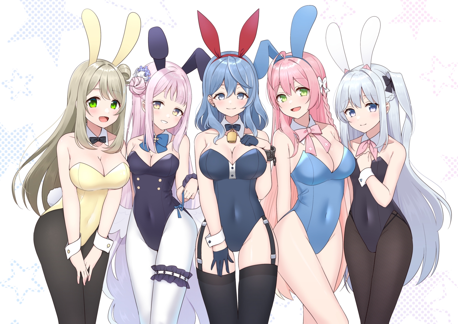 amau_ako, animal_ears, bell, blue_archive, blue_eyes, blue_hair, blush, bow, breasts, brown_hair, bunny_ears, bunnygirl, cleavage, flat_chest, garter, garter_belt, gloves, gray_hair, green_eyes, group, headband, izayoi_nonomi, leotard, long_hair, misono_mika, mntt_re4, pantyhose, pink_hair, shackles, stockings, tail, tsukiyuki_miyako, urawa_hanako, wings, wristwear, yellow_eyes