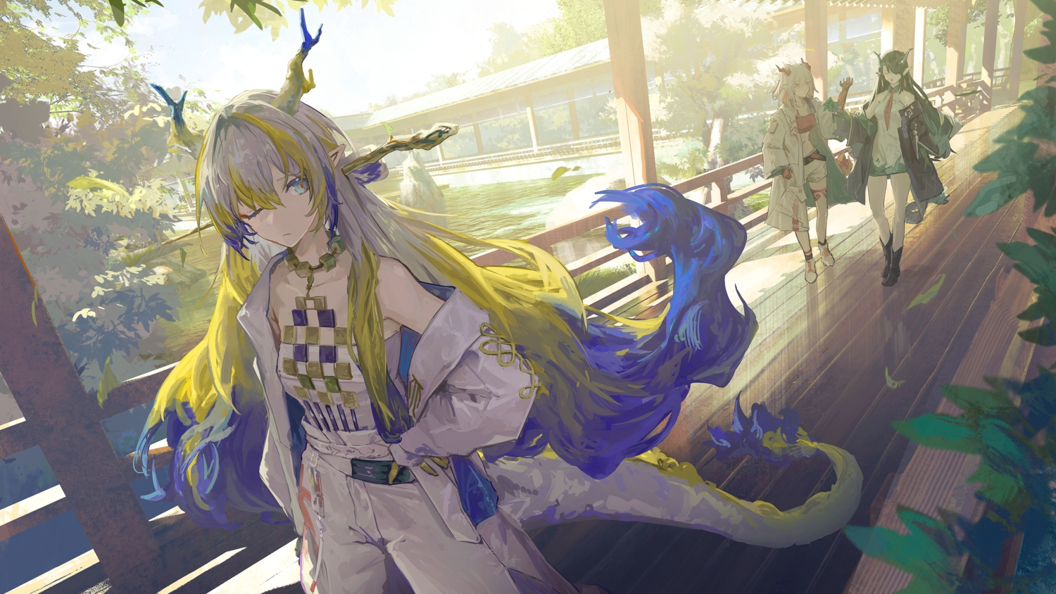 aqua_eyes, arknights, black_hair, boots, dress, dusk_(arknights), gray_hair, gyoukan_(jfxc)