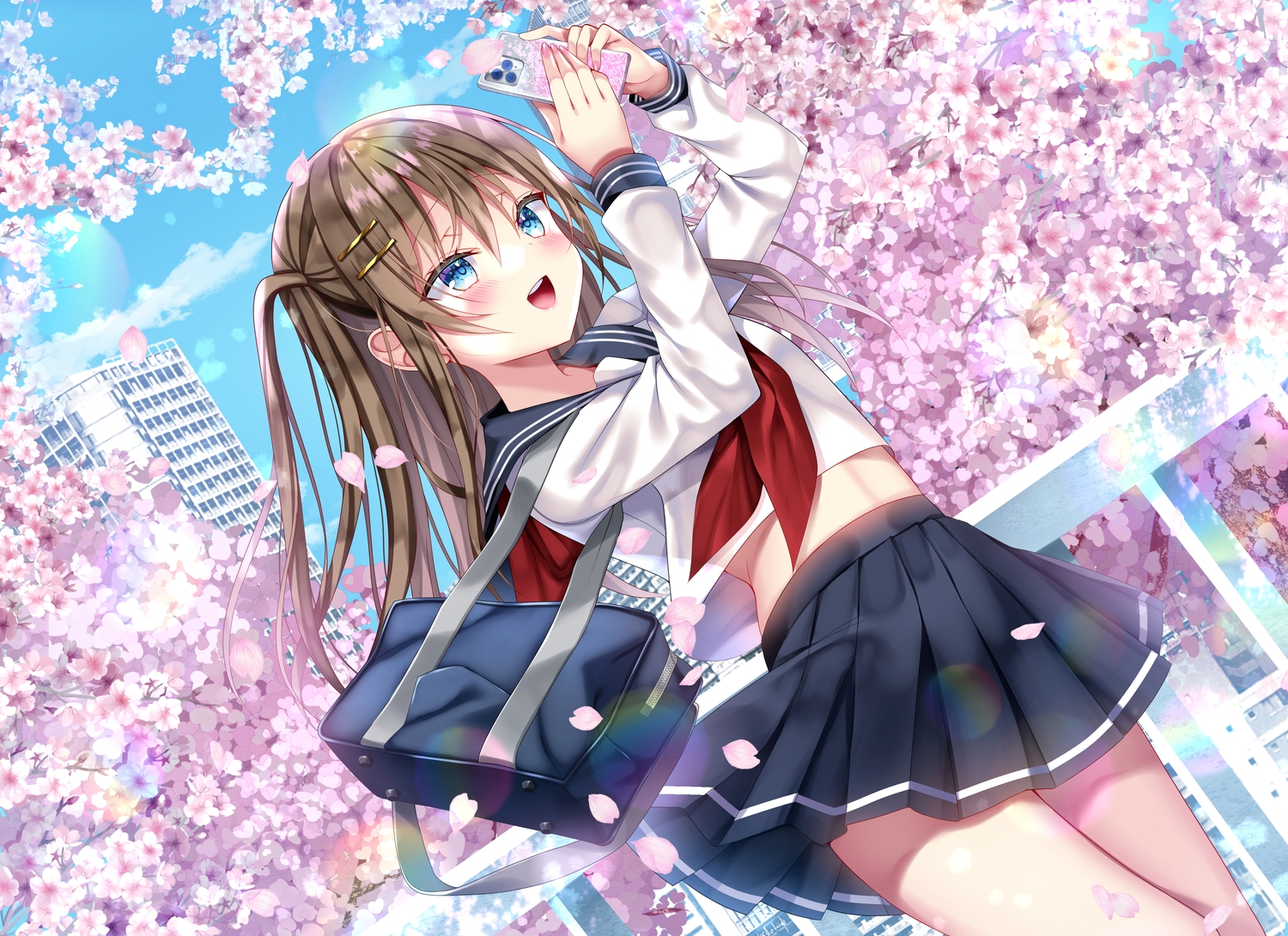 blue_eyes, blush, brown_hair, building, cherry_blossoms, city, clouds, flowers