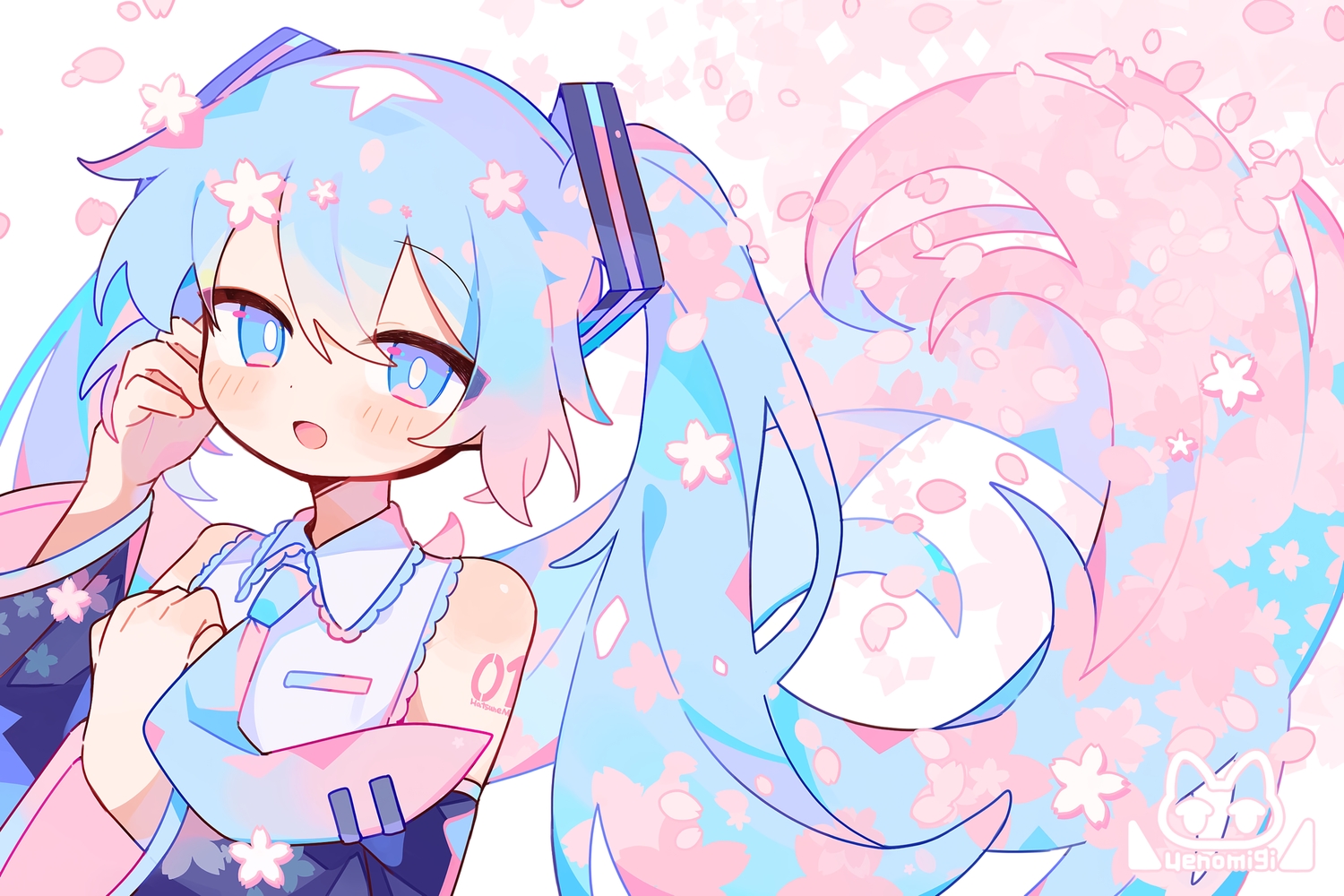 aqua_eyes, aqua_hair, blush, cherry_blossoms, close, flat_chest, flowers, hatsune_miku, long_hair, petals, tattoo, tie, twintails, uenomigi, vocaloid, watermark