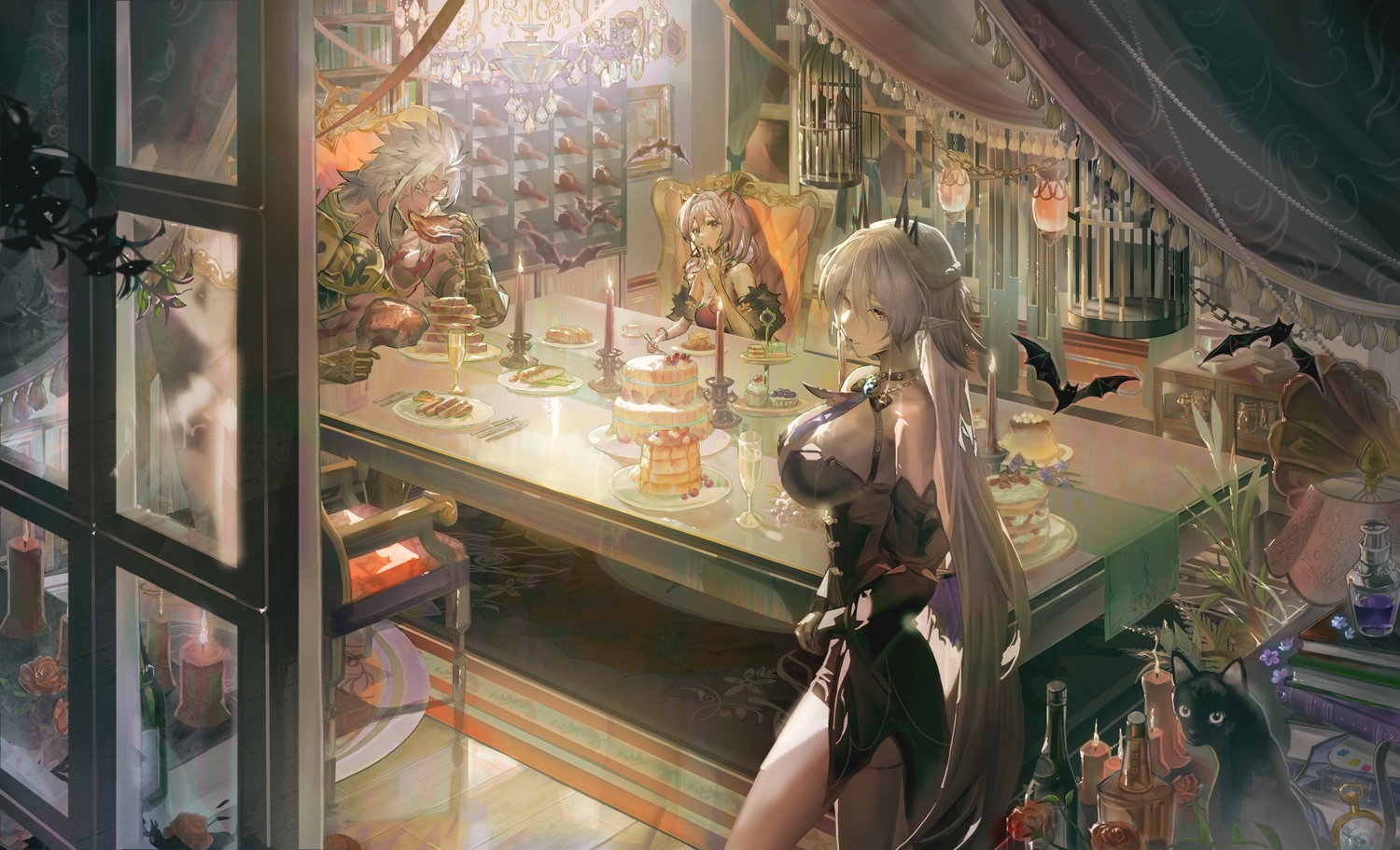 abigail_(epic7), animal, armor, bat, breasts, cake, cat, dress, drink, elvira_(epic7), epic7, fire, flowers, food, fruit, gloves, gray_hair, kane_(epic7), leaves, long_hair, male, necklace, pink_hair, pointed_ears, red_eyes, reflection, rose, scar, strawberry, tagme_(artist), wristwear