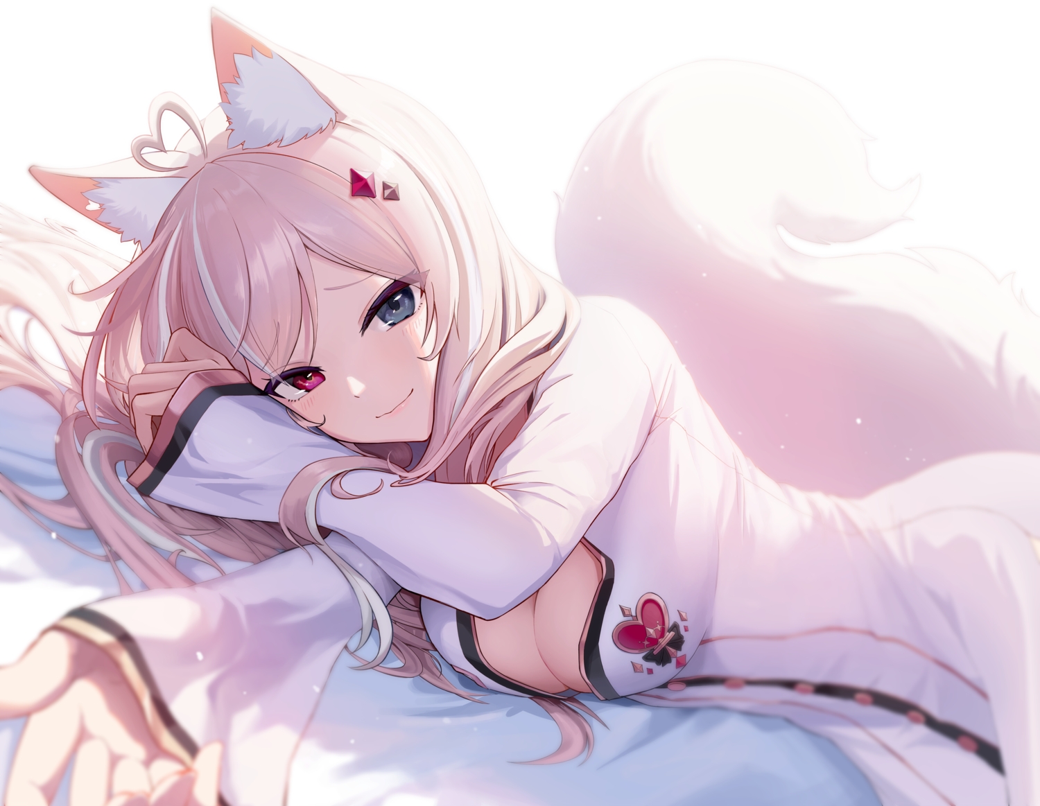 animal_ears, bicolored_eyes, blush, breasts, catgirl, cleavage, dress, lee_jooin, long_hair, s_bokdong, tail, v-lup, white
