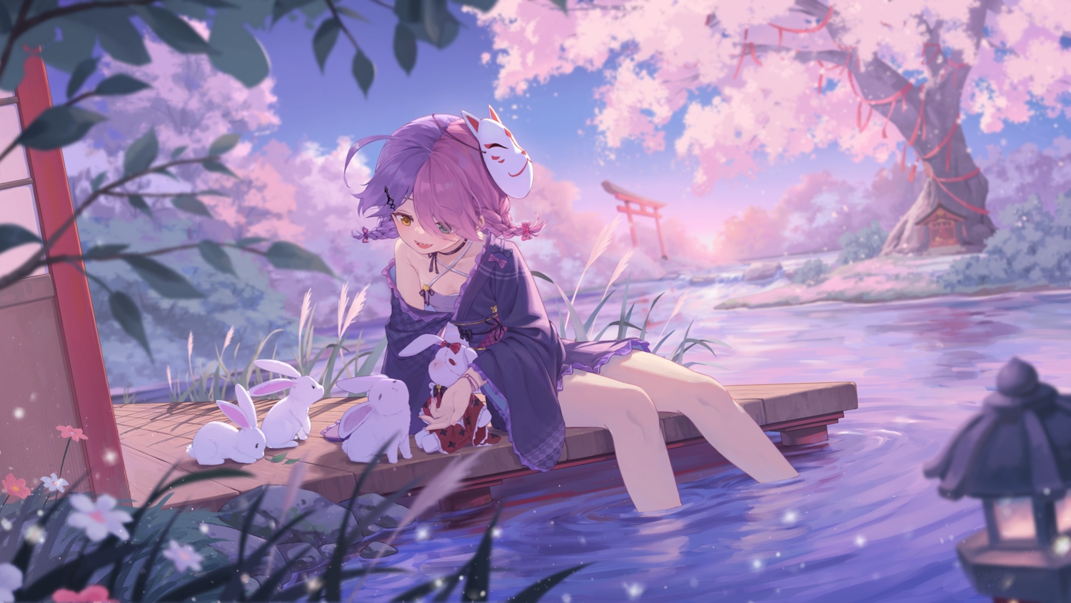 animal, braids, bunny, cherry_blossoms, choker, flowers, grass, honkai_impact