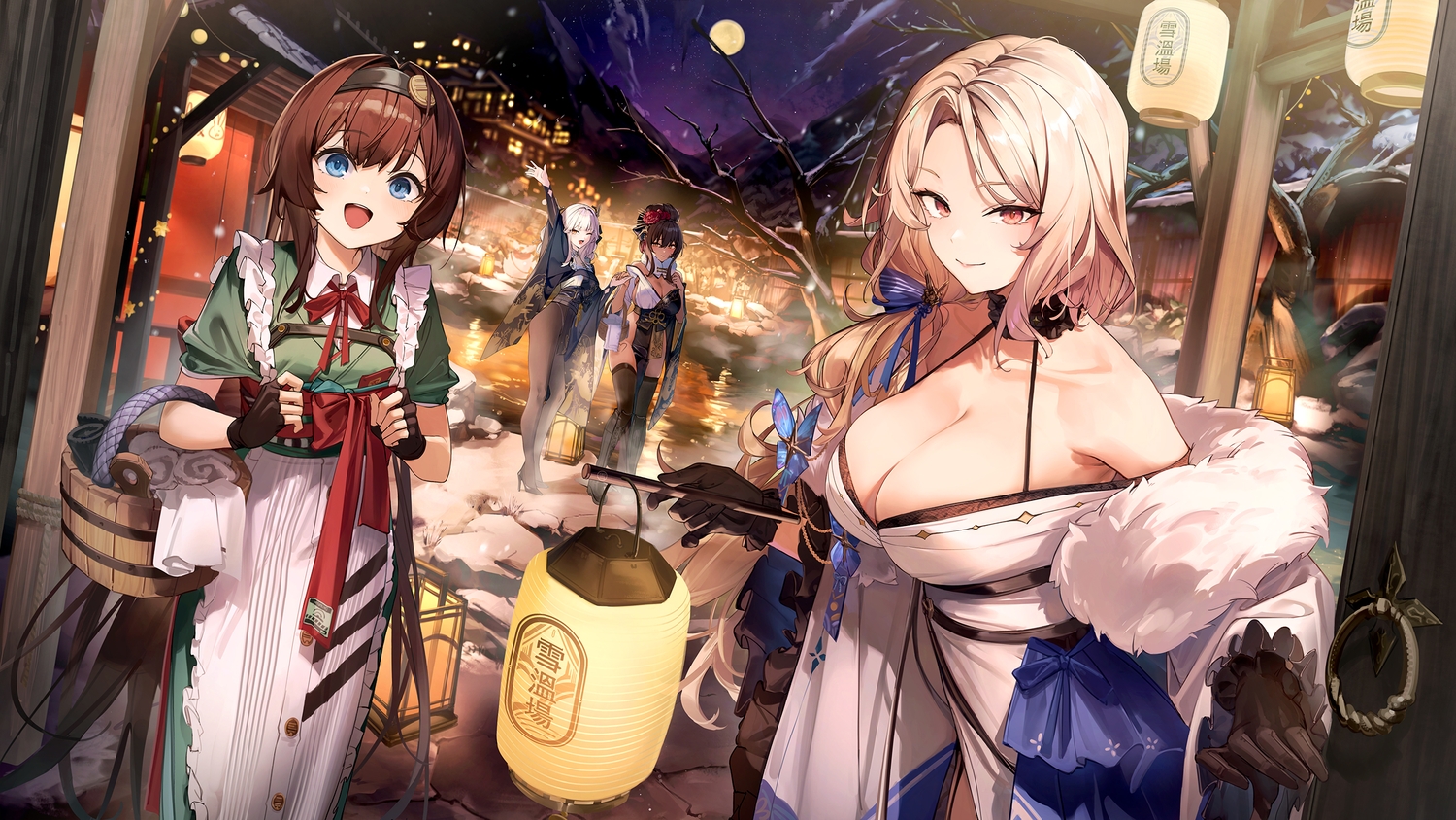 7gao, apron, black_hair, blanc_(nikke), blonde_hair, blue_eyes, blush, bow