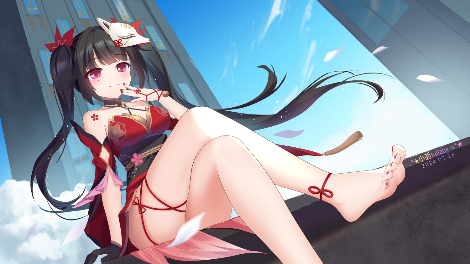 aliasing, barefoot, bell, black_hair, blush, breasts, clouds, collar, gloves, honkai_(series), honkai:_star_rail, japanese_clothes, long_hair, mask, petals, pink_eyes, ribbons, sky, sparkle_(honkai:_star_rail), tattoo, twintails, watermark, wristwear, xiao_shi_lullaby