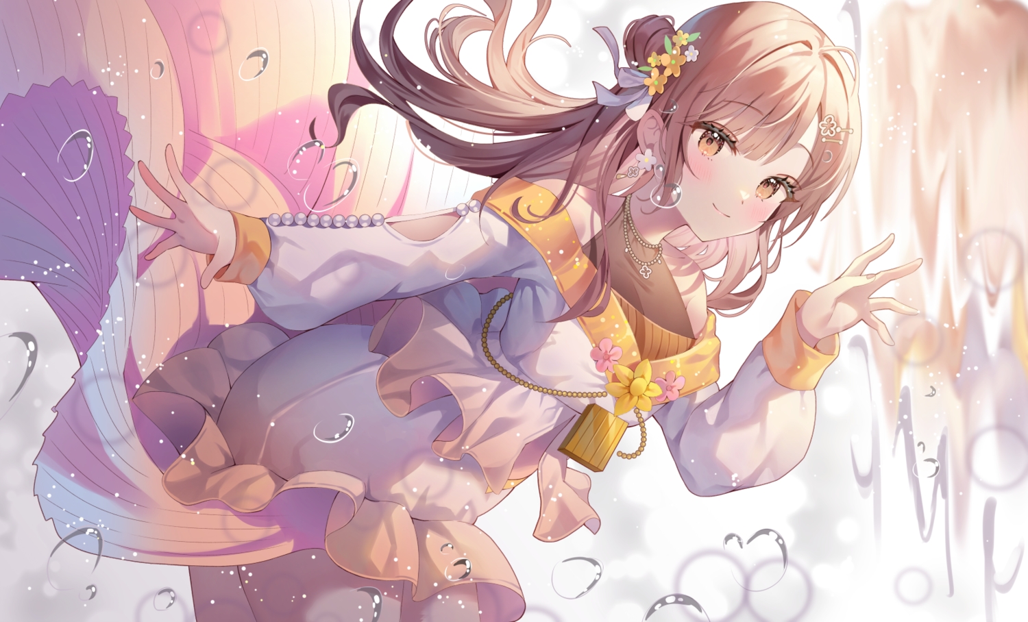 blush, brown_eyes, brown_hair, bubbles, dress, gin_(gin937), long_hair, necklace