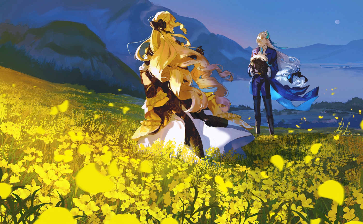 blonde_hair, boots, bow, dress, elbow_gloves, flowers, genshin_impact, gloves