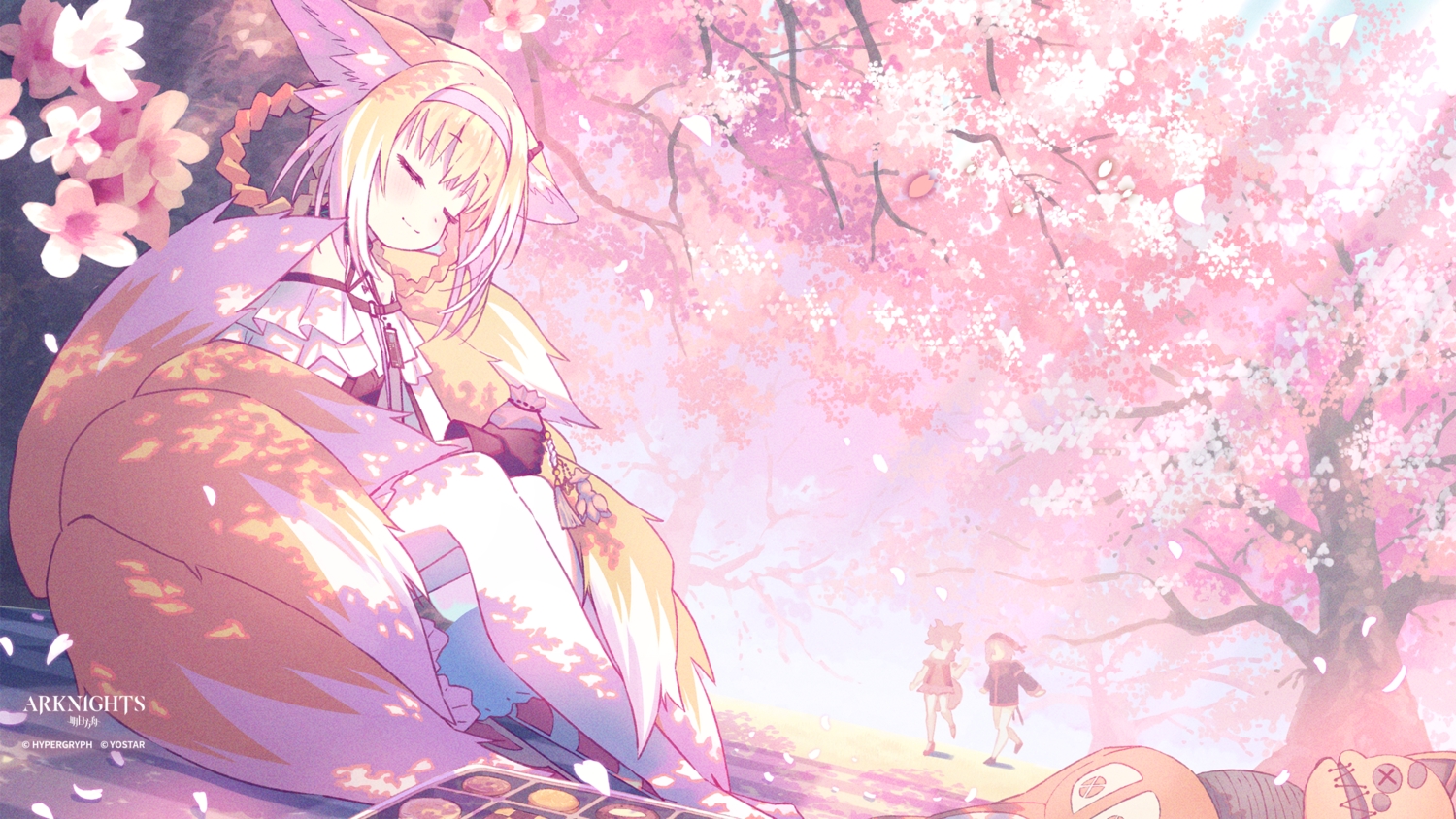 animal_ears, arknights, blonde_hair, braids, cherry_blossoms, doll, dress, flowers, food, foxgirl, gloves, hat, headband, hood, koh_rd, logo, loli, multiple_tails, petals, popukar_(arknights), shade, shamare_(arknights), sleeping, spring, suzuran_(arknights), tail, tree