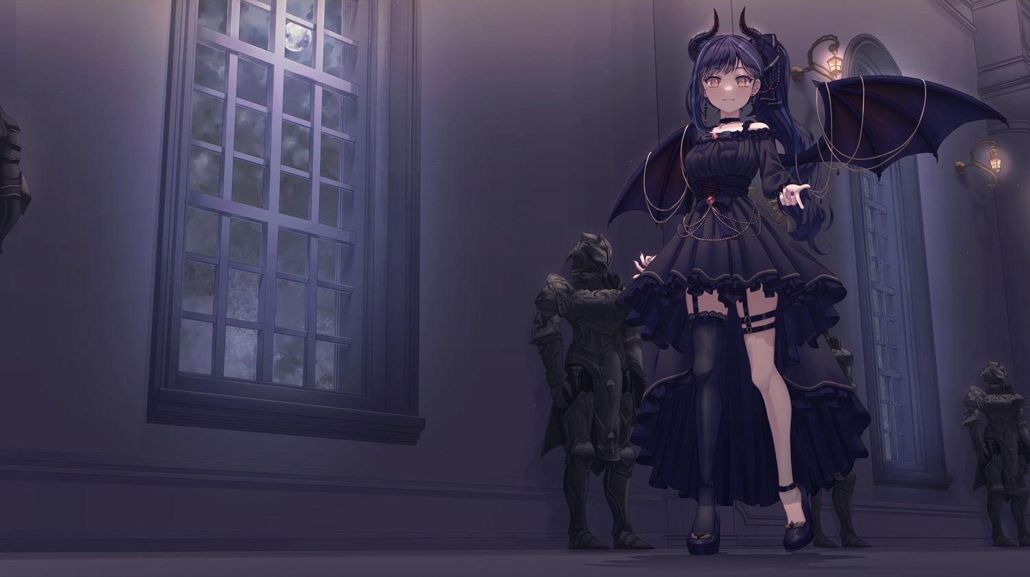 black_hair, choker, clouds, demon, garter_belt, goth-loli, horns, lala, lilpa, lolita_fashion, long_hair, moon, night, ponytail, sky, stockings, waktaverse, wings, yellow_eyes