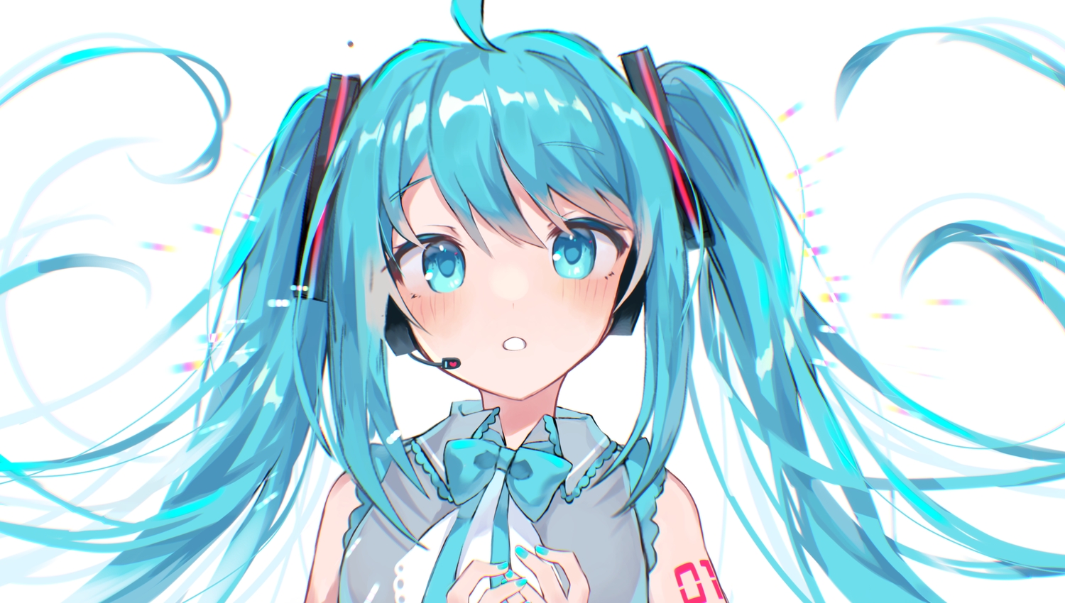aqua_eyes, aqua_hair, blush, bow, close, hatsune_miku, headphones, kurobikari