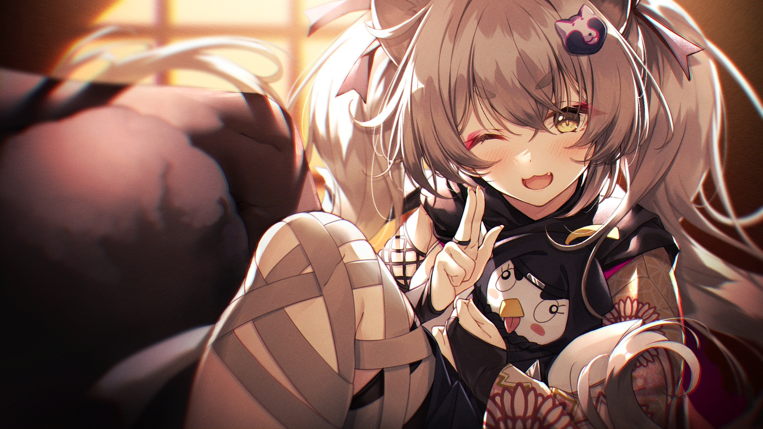 animal_ears, bandage, bike_shorts, blue_archive, blush, chidori_michiru, fang, foxgirl