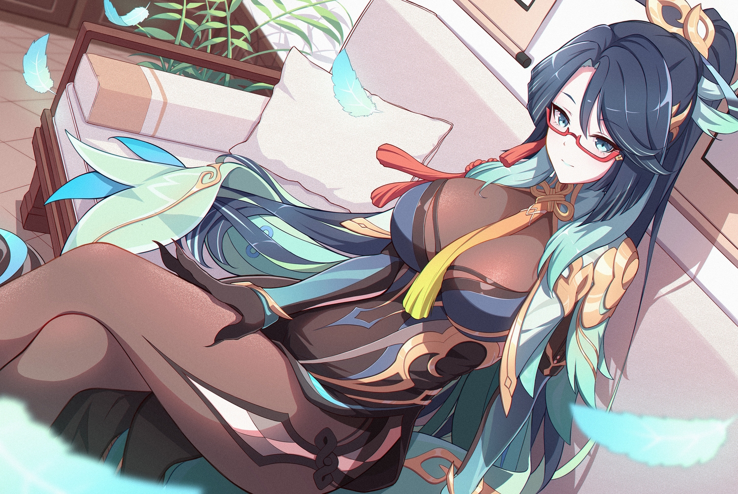 black_hair, blue_eyes, breasts, couch, dress, elbow_gloves, feathers, genshin_impact, glasses, gloves, leaves, long_hair, pantyhose, phantom_racher, ponytail, xianyun_(genshin_impact)