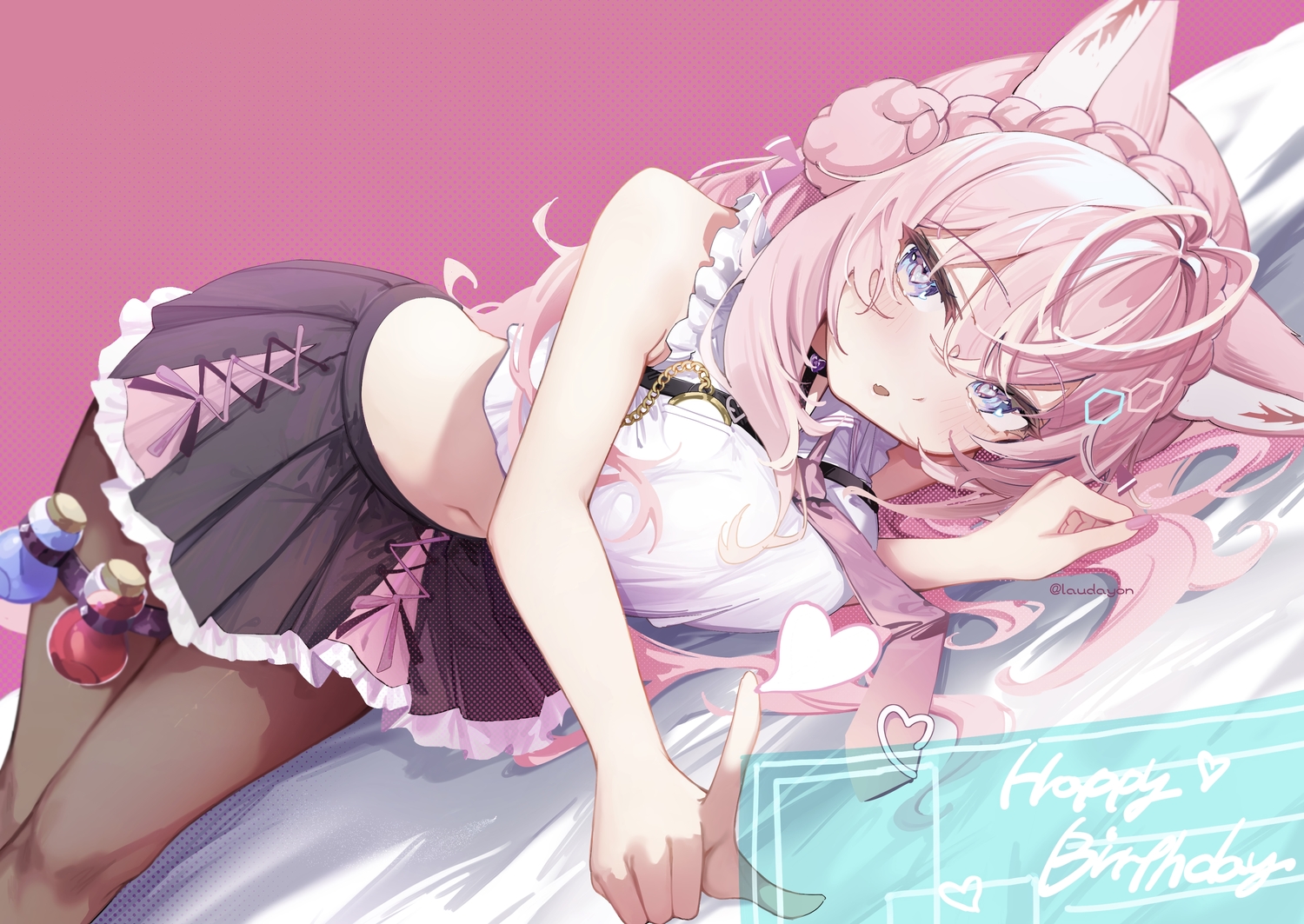 animal_ears, blush, braids, choker, fang, garter, hakui_koyori, heart, hololive, laudayon, long_hair, navel, pantyhose, pink_hair, purple_eyes, skirt, tie, watermark