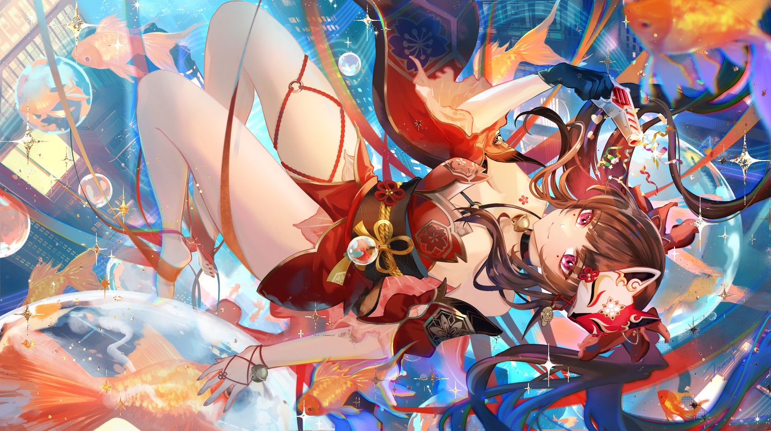 animal, barefoot, bell, brown_hair, bubbles, building, city, collar, dress, fish, gloves, gun, honkai_(series), honkai:_star_rail, japanese_clothes, long_hair, mask, night, purple_eyes, ribbons, signed, sparkle_(honkai:_star_rail), tattoo, touming_tomei, twintails, weapon, wristwear
