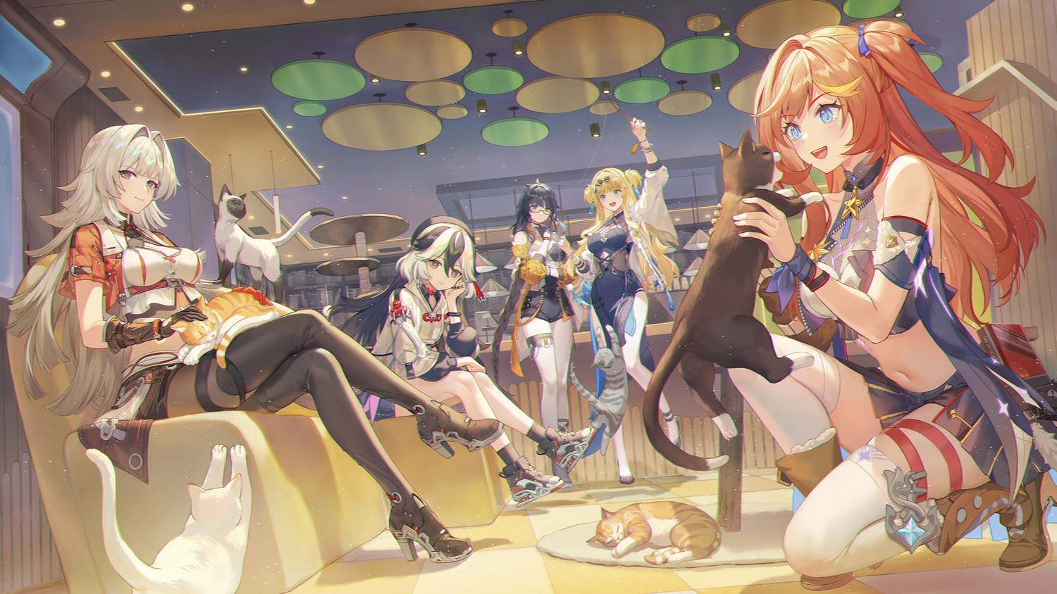 animal, black_hair, blonde_hair, blue_eyes, boots, braids, breasts, brown_eyes, cat, coralie_(honkai_impact), couch, criin, elbow_gloves, entropy_(honkai_impact), female_dreamseeker_(honkai_impact), garter, glasses, gloves, gray_eyes, group, hat, helia_(honkai_impact), honkai_impact, honkai_(series), long_hair, navel, orange_hair, pantyhose, purple_eyes, senadina_(honkai_impact), shorts, socks, songque_(honkai_impact), sunglasses, thighhighs, twintails, wristwear, zettai_ryouiki
