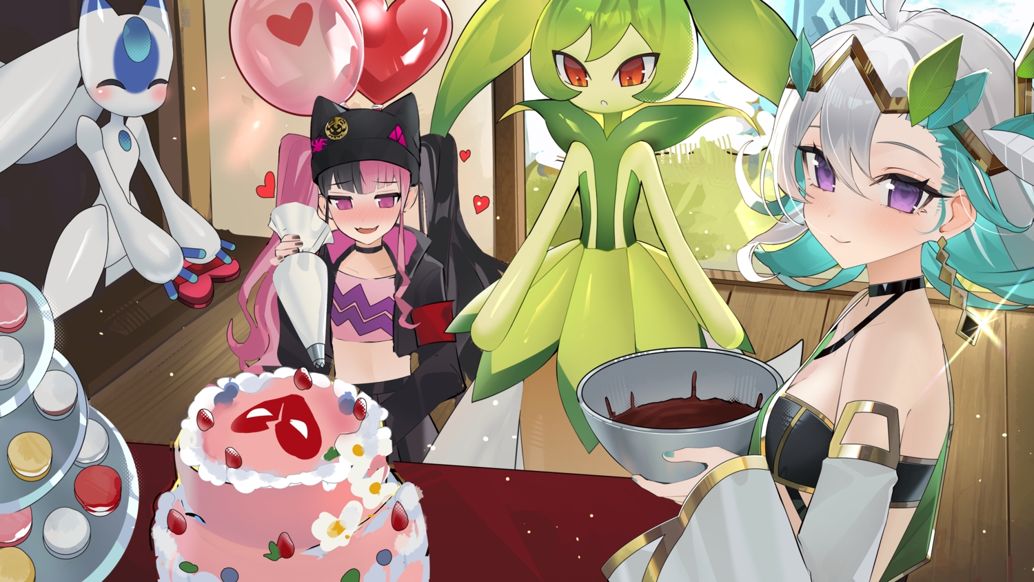 2girls, animal_ears, blush, cake, choker, fang, flat_chest, food