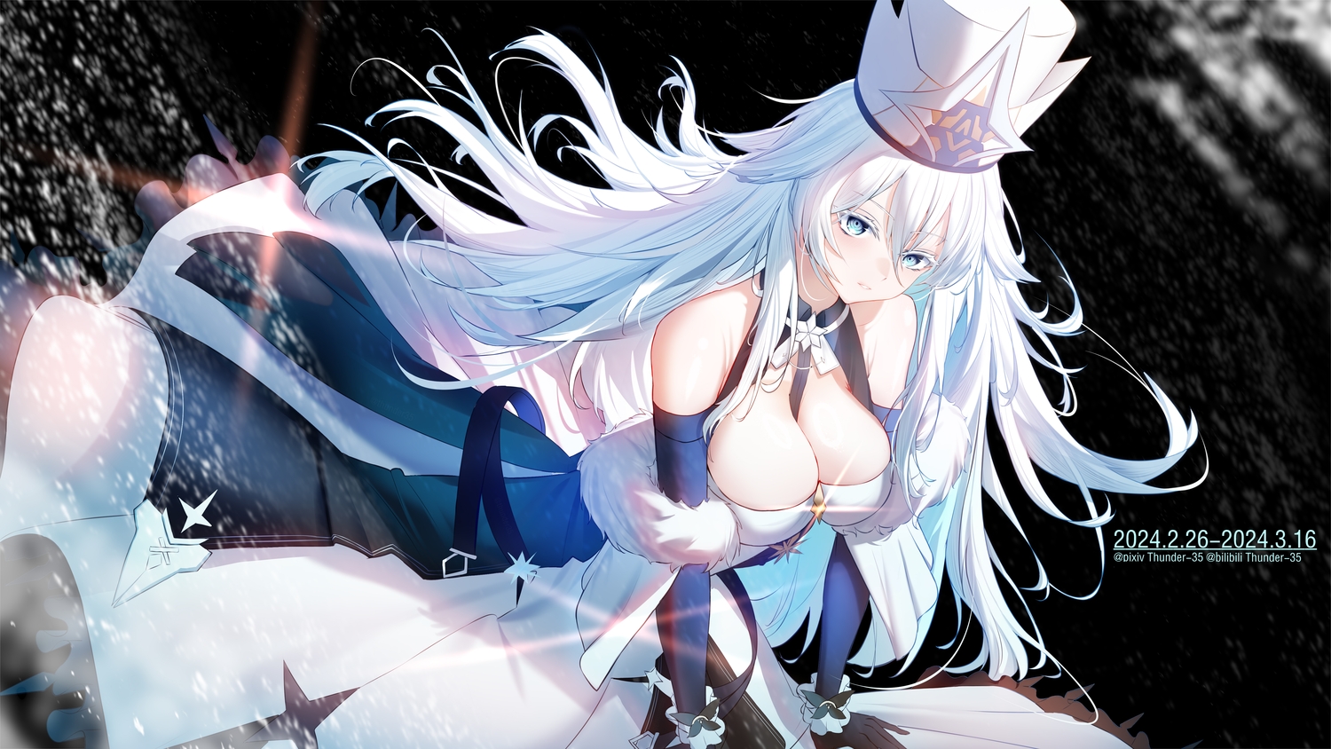 anthropomorphism, azur_lane, black, blue_eyes, breasts, cleavage, dress, elbow_gloves