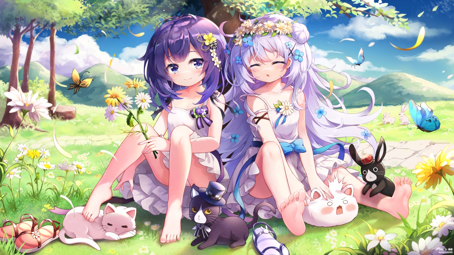 2girls, animal, anko_(gochiusa), barefoot, blush, butterfly, cat, clouds