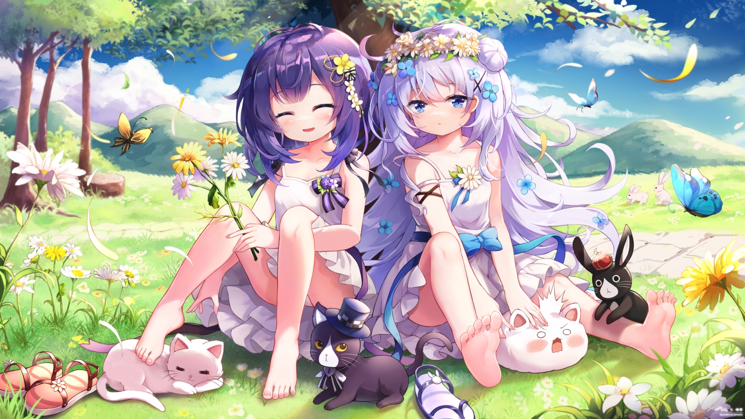 2girls, animal, anko_(gochiusa), barefoot, blue_eyes, blush, butterfly, cat, clouds, crown, dress, flowers, fuiba_fuyu, gochuumon_wa_usagi_desu_ka?, grass, hehehzb, kafuu_chino, leaves, loli, long_hair, panties, petals, purple_hair, rabbit, ribbons, short_hair, sky, summer_dress, tippy_(gochiusa), tree, underwear, watermark, wink