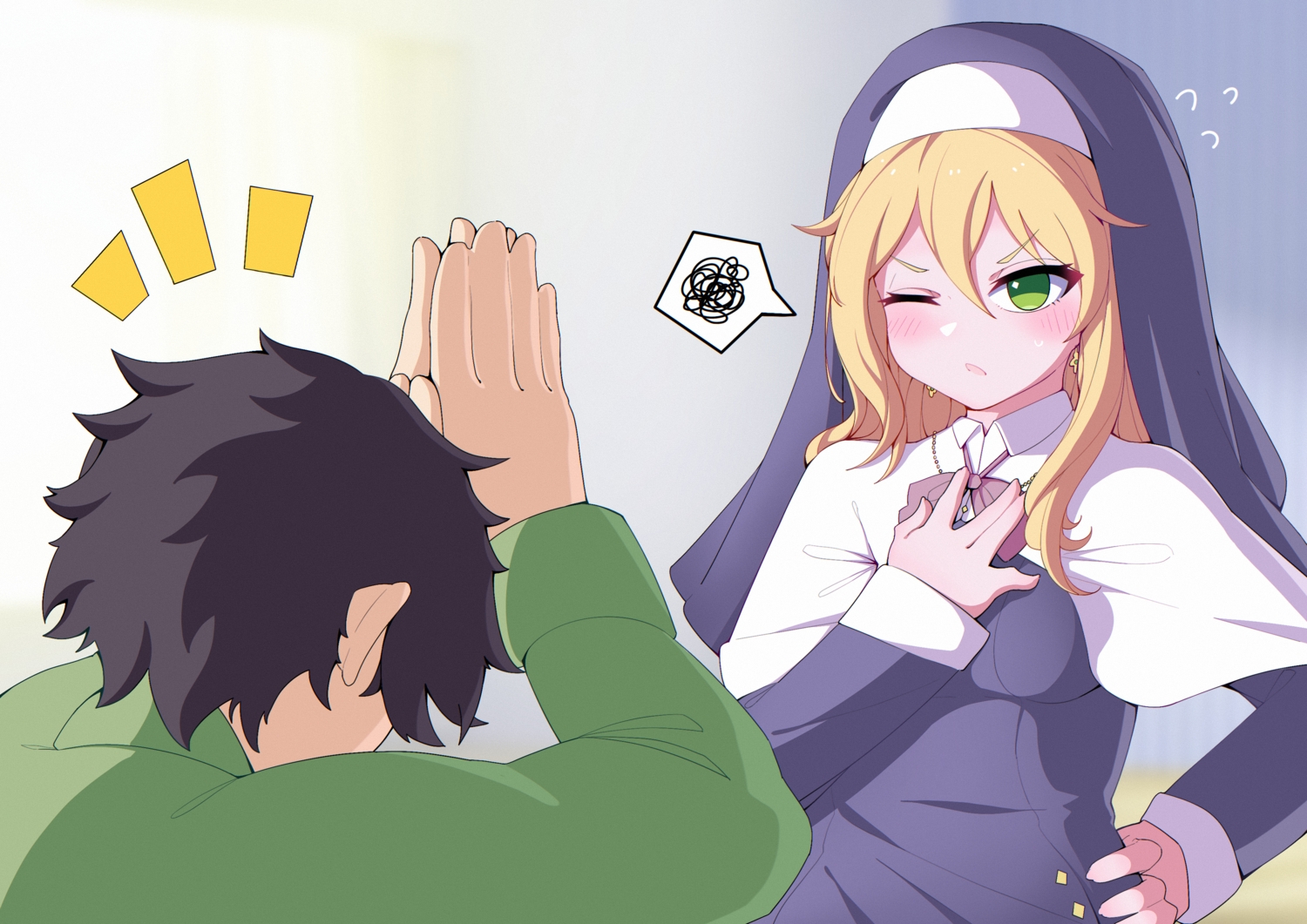 black_hair, blonde_hair, blush, engage_kiss, green_eyes, headdress, long_hair, male