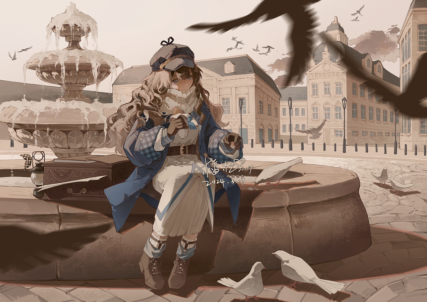 animal, bird, blue_eyes, book, boots, brown, brown_hair, building, city, clouds, dress, faerybou, food, gloves, hat, long_hair, marcus_(reverse:1999), polychromatic, reverse:1999, scarf, sky, socks, winter