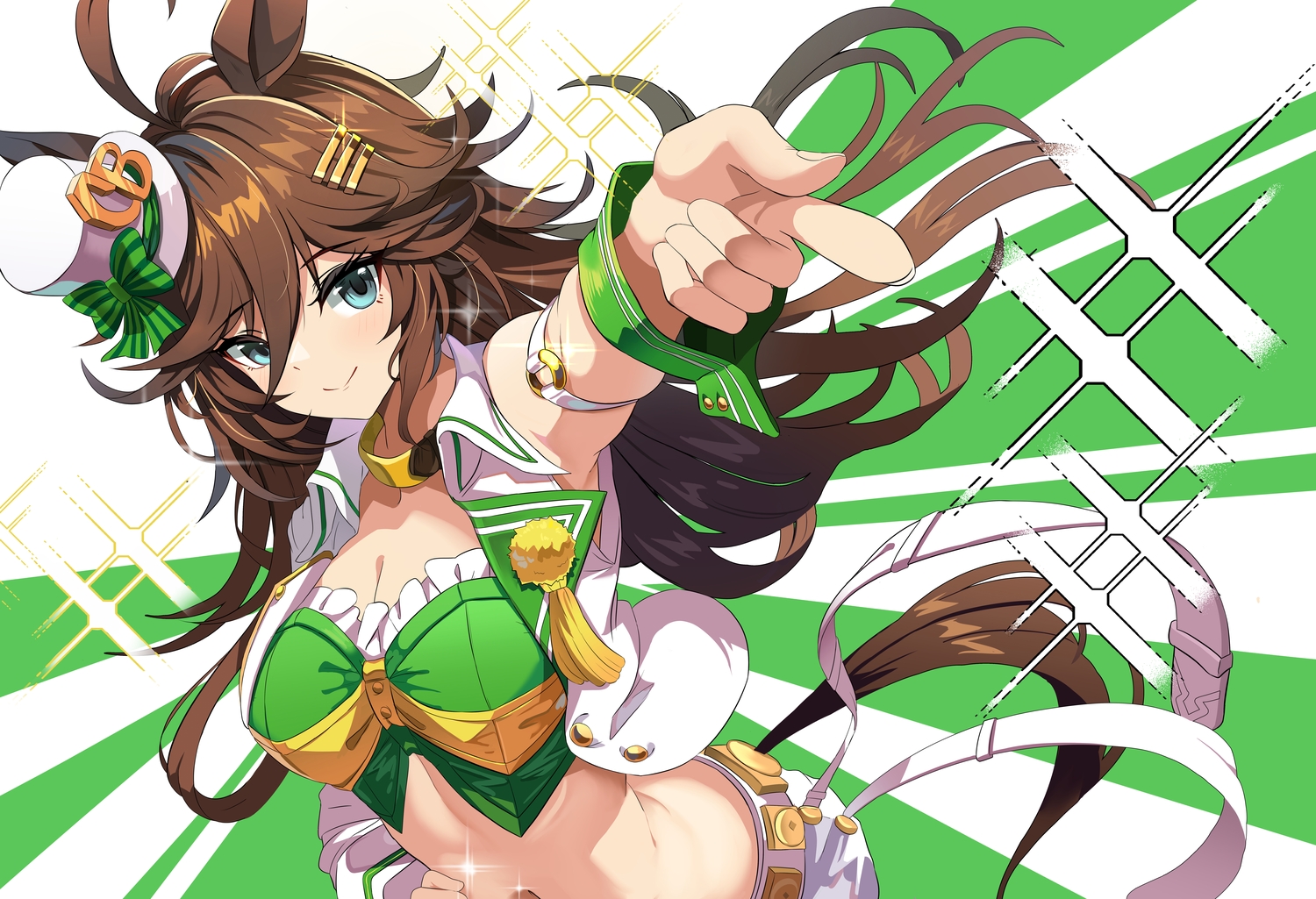 anthropomorphism, aqua_eyes, breasts, brown_hair, cleavage, collar, dress, hat