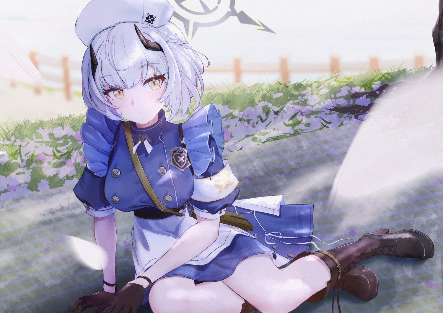 apron, blue_archive, bocchi_(kuropom7), boots, braids, breasts, dress, gloves