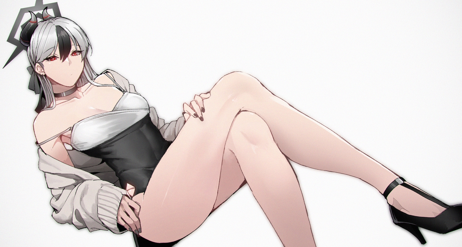 blue_archive, breasts, choker, cleavage, dress, gray_hair, halo, long_hair