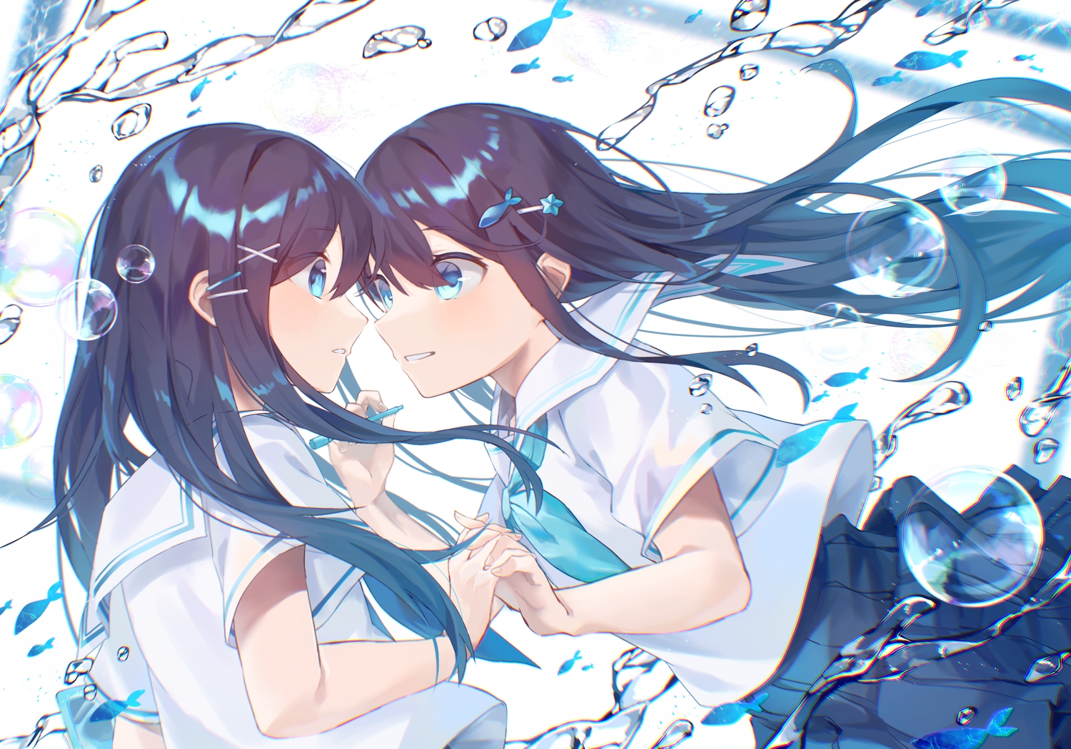 2girls, animal, aqua_eyes, black_hair, bubbles, fish, kurobikari, long_hair
